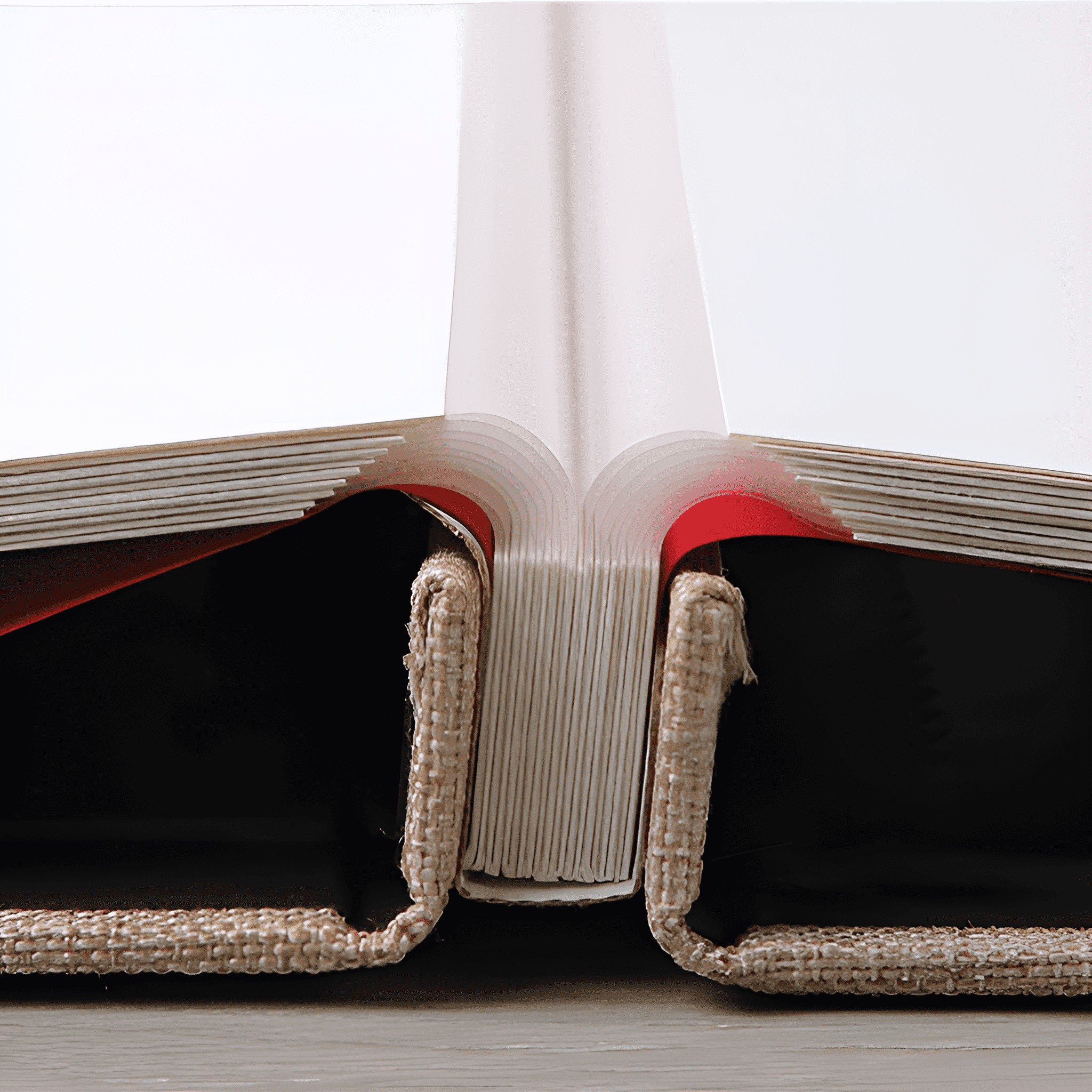 Nahaufnahme eines offenen Buches mit Seiten, roten und beigen Details.