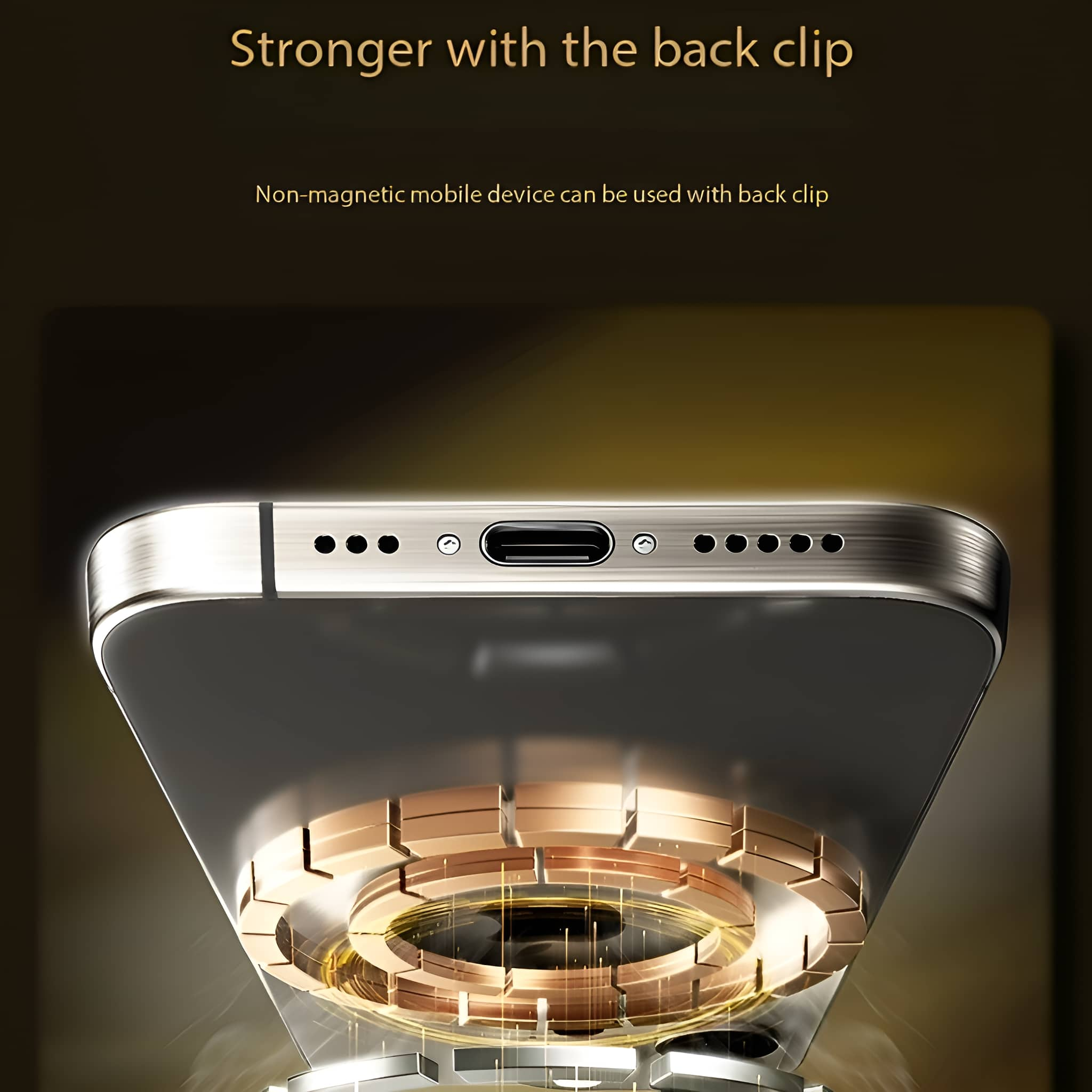 Ein Smartphone mit einem Clip auf der Rückseite. Die Rückseite des Telefons hat einen Metallring.