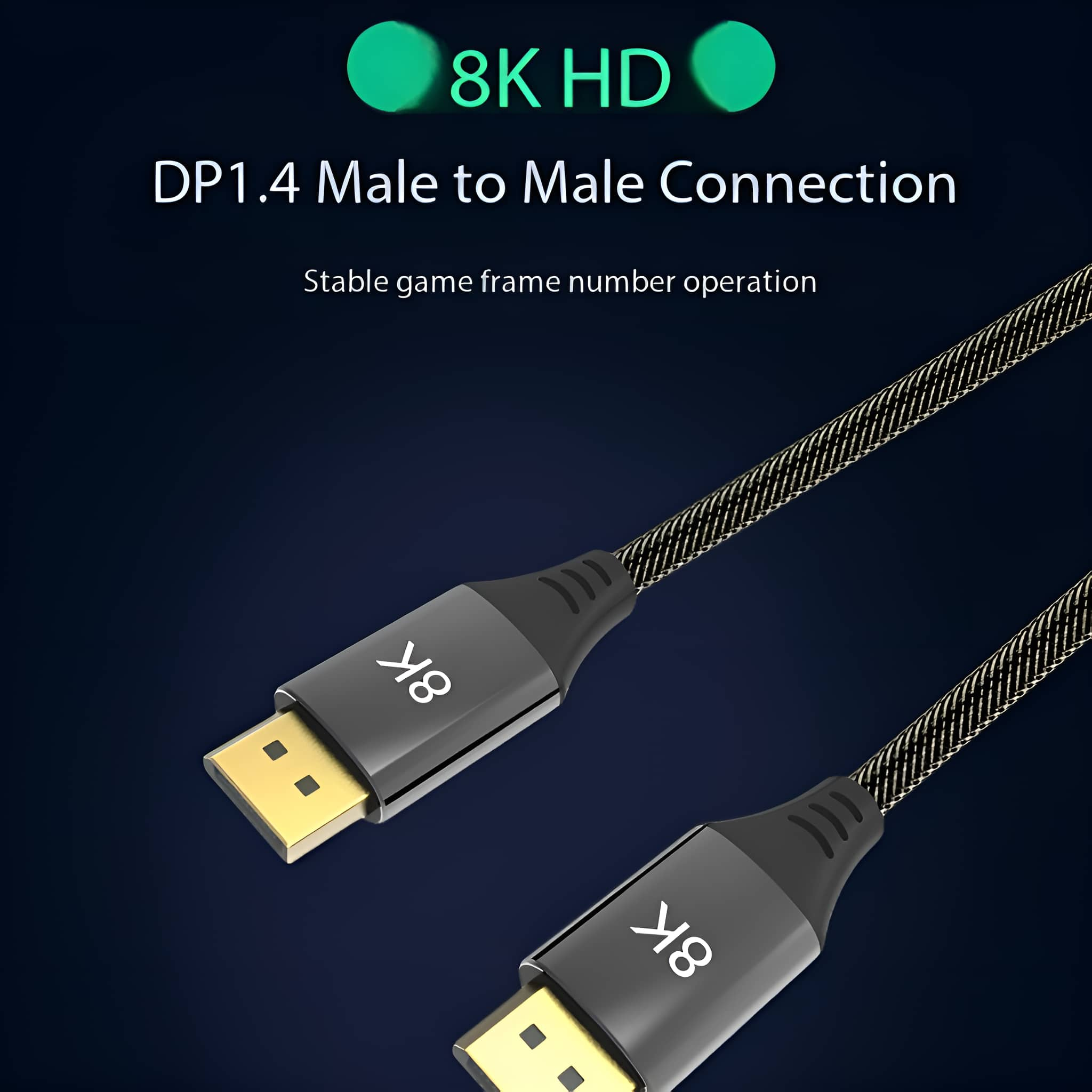 Schwarzes 8K HD DP1.4 Kabel mit 8K Anschlüssen und dunklem Hintergrund.