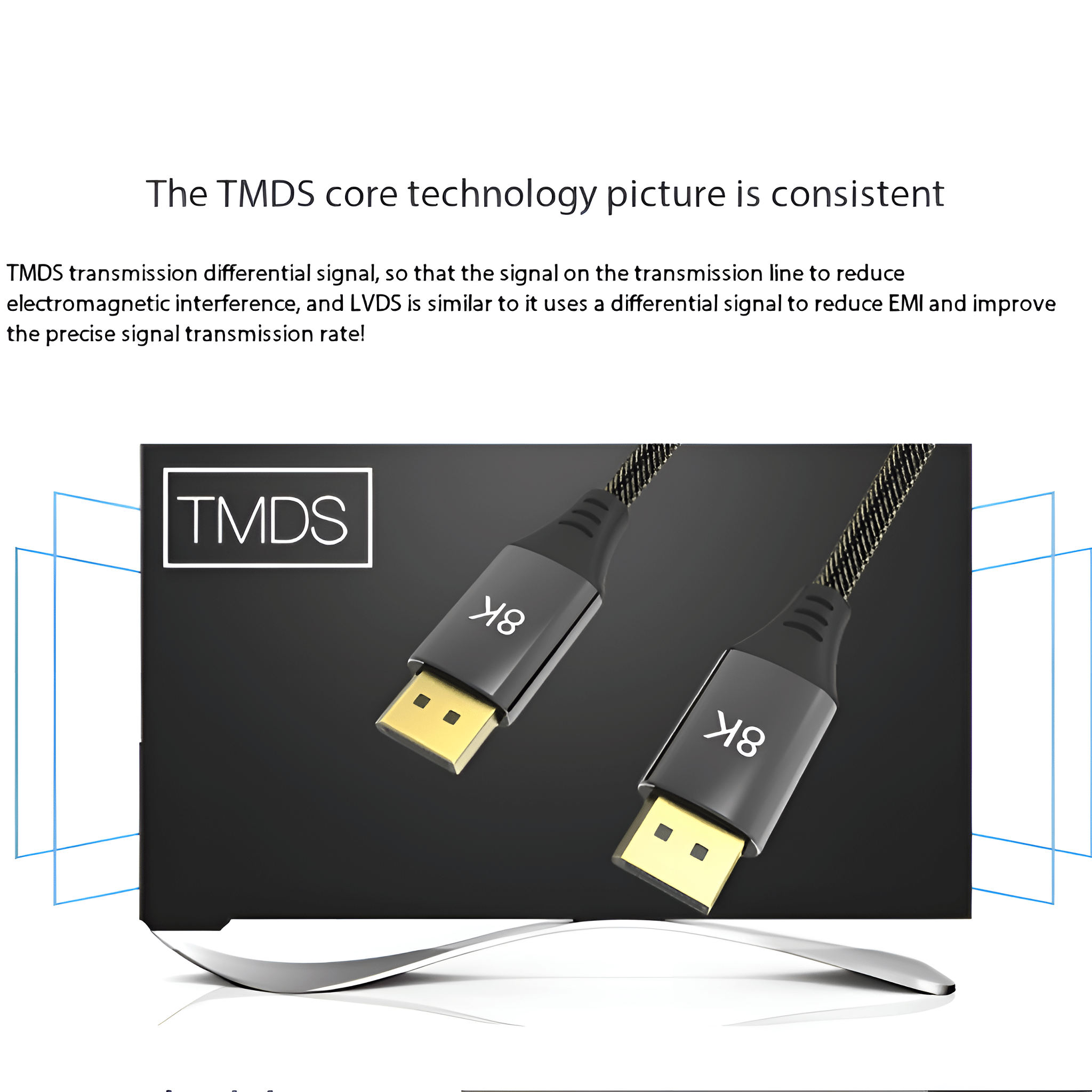 Zwei schwarze Kabel mit goldenen Steckern, Text: The TMDS core technology picture.