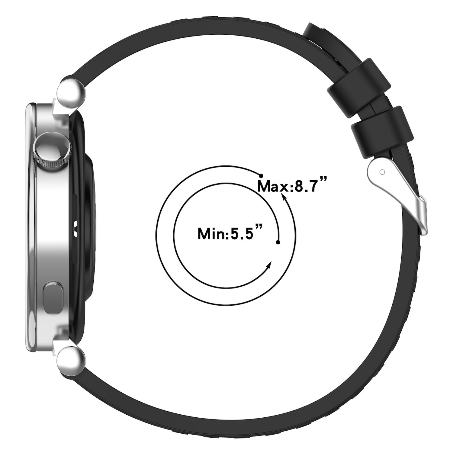 Smartwatch mit schwarzem Armband, Kreis zeigt 5,5-8,7 Zoll Größen.
