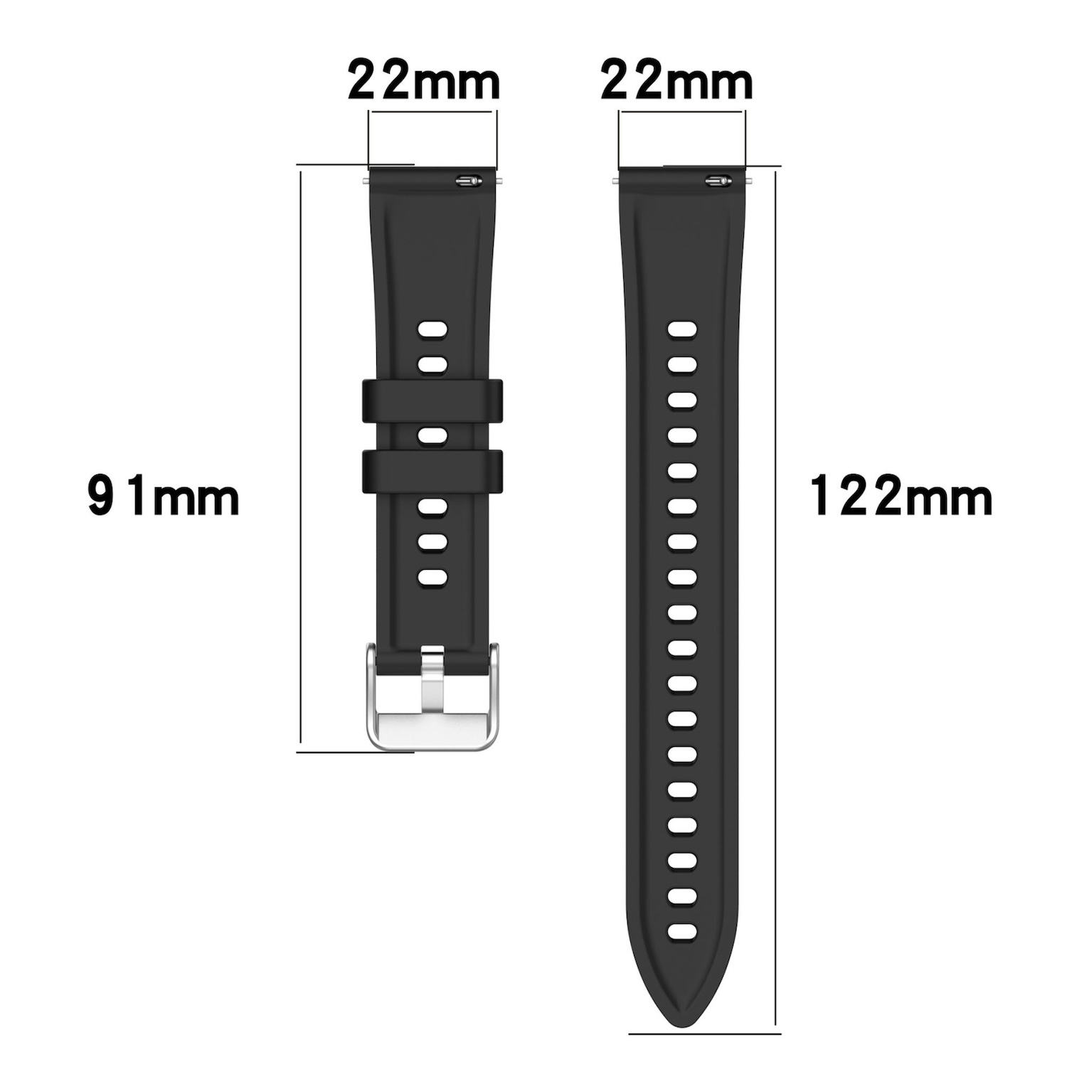 Schwarze Uhrenarmbänder, eines mit Schnalle, mit Größenangaben vor weißem Hintergrund.