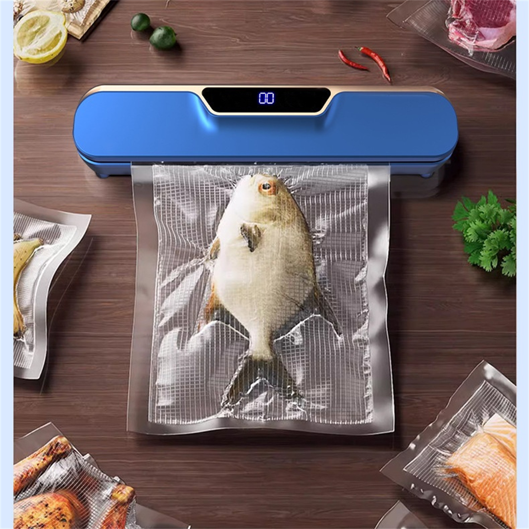 Versiegelungsmaschine mit Fisch in transparentem Beutel, Holztisch-Hintergrund.