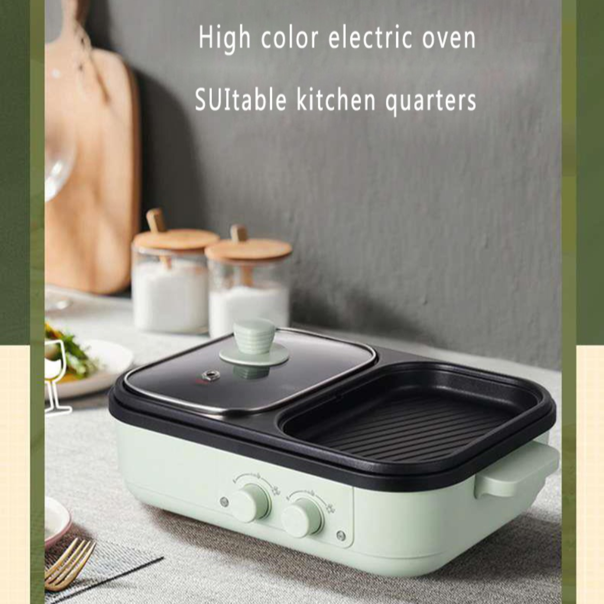 Mintgrüner Elektroofen mit Glasdeckel, zwei Knöpfen und Grillpfanne. Küchenumgebung.
