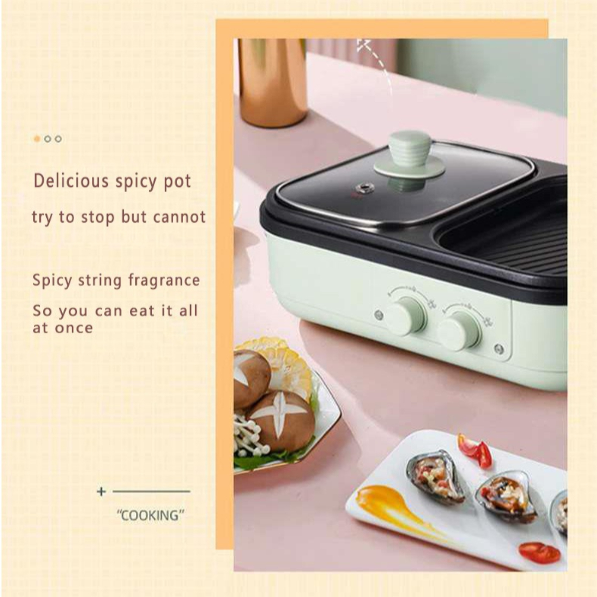 Ein Tischgrill mit Essen, Text über scharfes Essen. Vordergrund: Pilze, Austern. Hintergrund: Gerät.