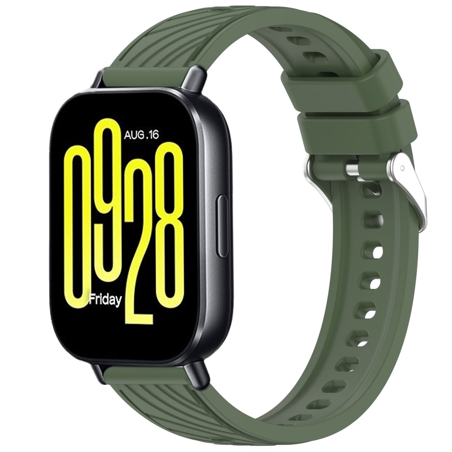 Eine Smartwatch mit grünem Armband. Der Bildschirm zeigt Datum und Uhrzeit an.