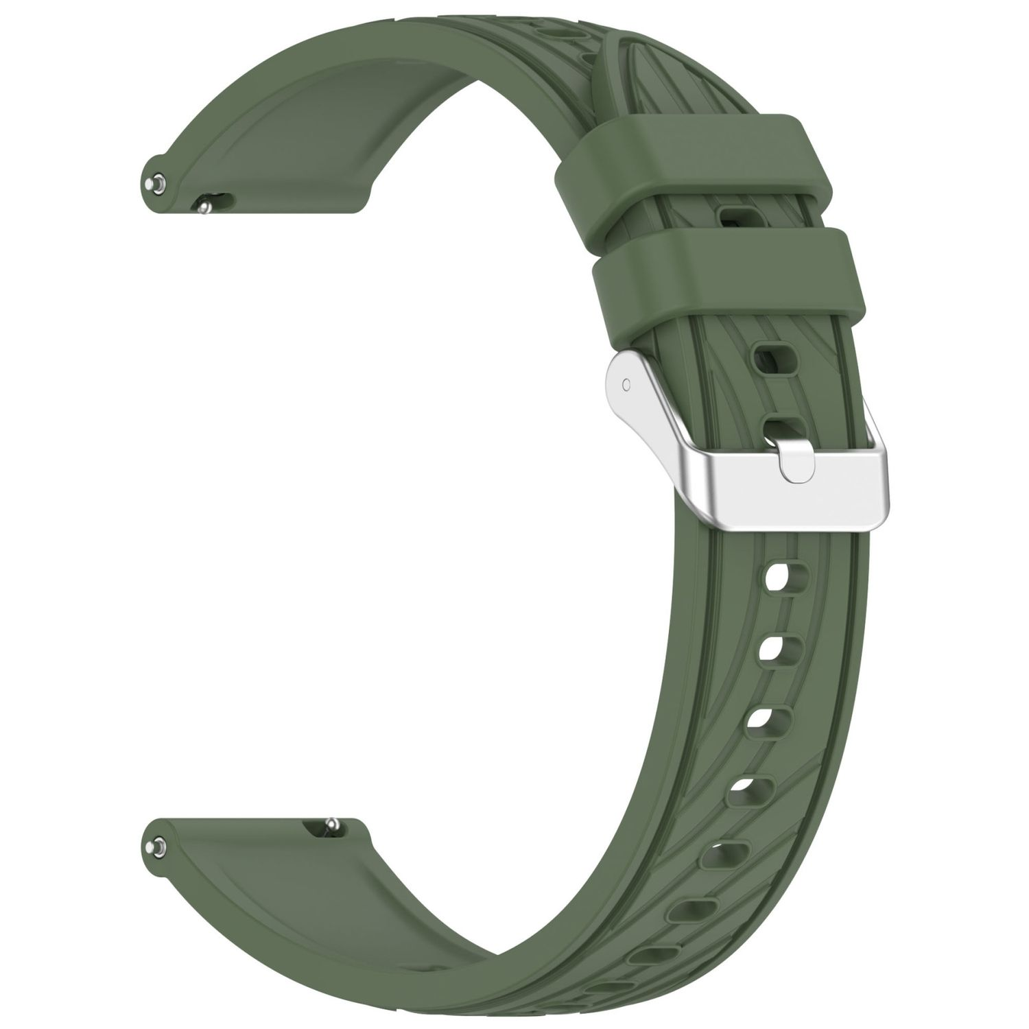 Ein grünes Uhrenarmband mit einer silbernen Schnalle. Das Armband hat Rillen und Löcher zur Anpassung.