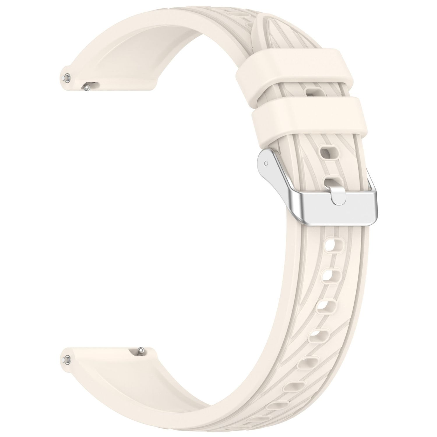 Cremefarbenes Uhrenarmband mit silberner Schnalle. Das Armband hat ein strukturiertes Design und Löcher.