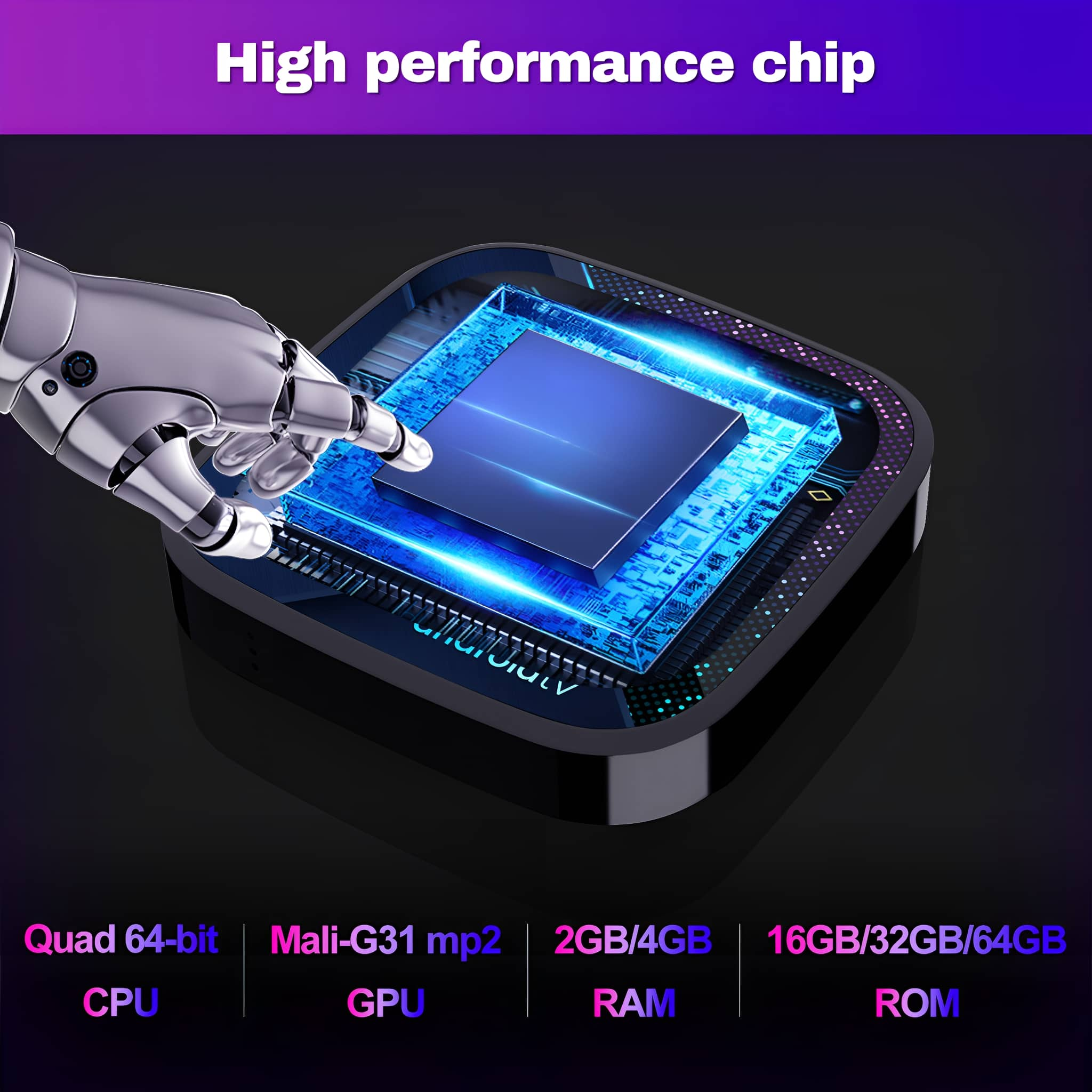 Hand berührt Chip. Text zeigt CPU, GPU, RAM und ROM-Spezifikationen.