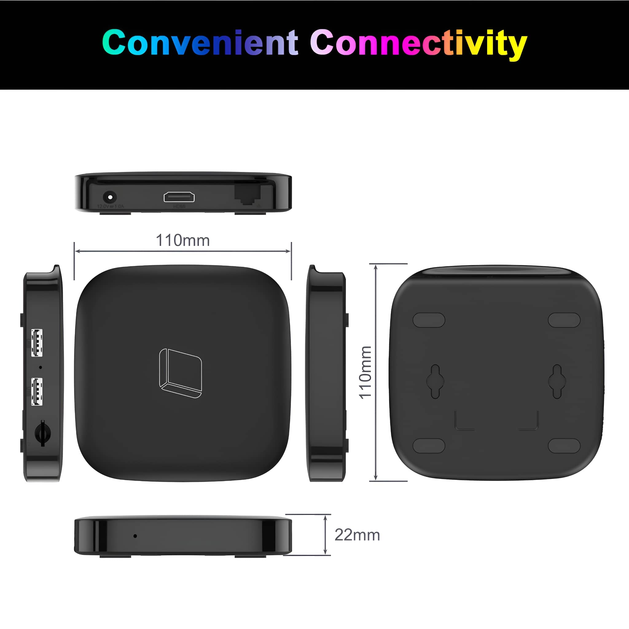 Ein schwarzes rechteckiges Gerät mit Anschlüssen und Abmessungen, beschriftet 'Convenient Connectivity'.
