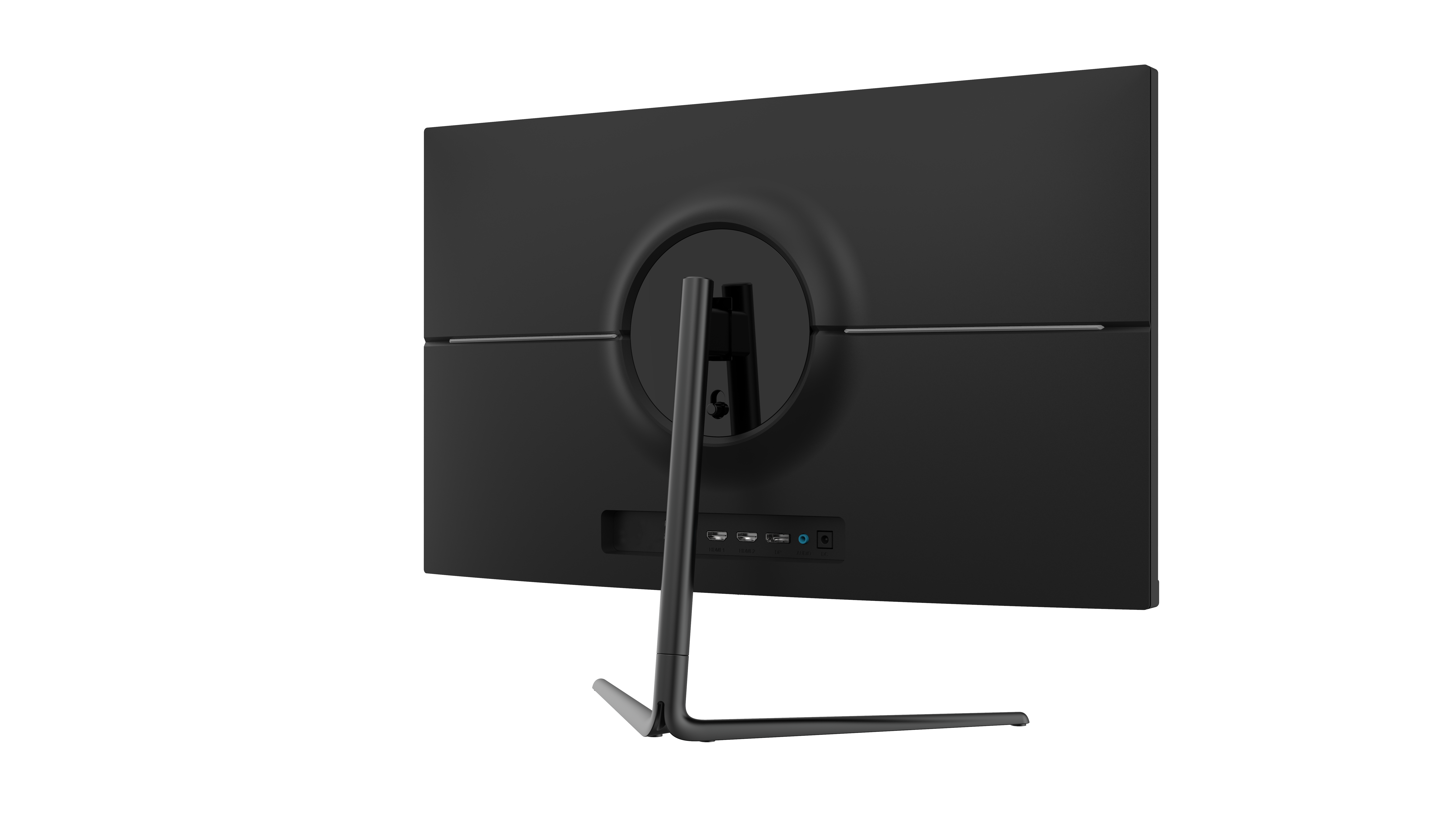 Schwarzer Computermonitor mit Ständer, Rückseite mit Anschlüssen, minimalistisches Design auf schwarzem Hintergrund.