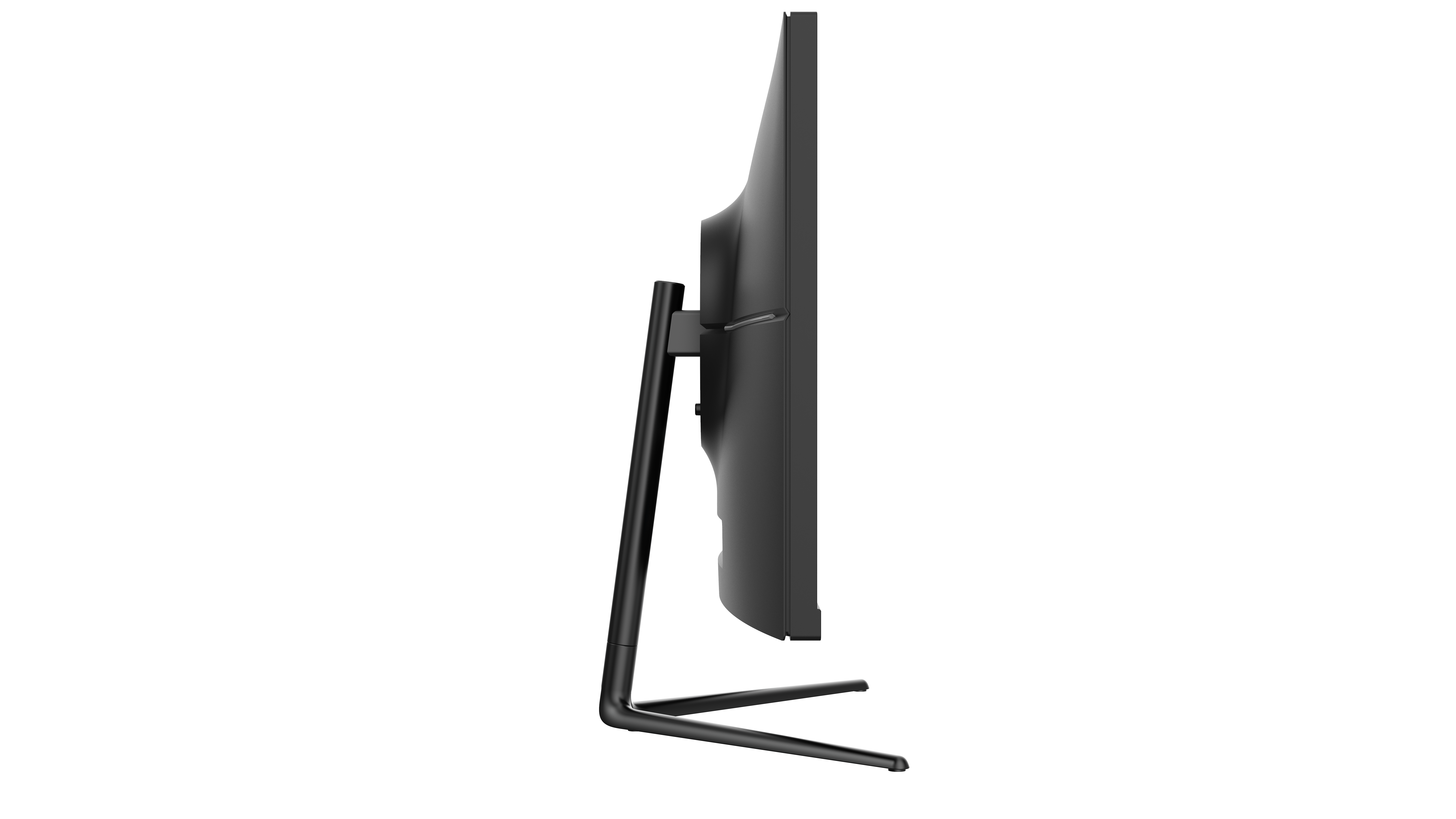 Seitenansicht eines schwarzen Computermonitors auf einem schwarzen Ständer.