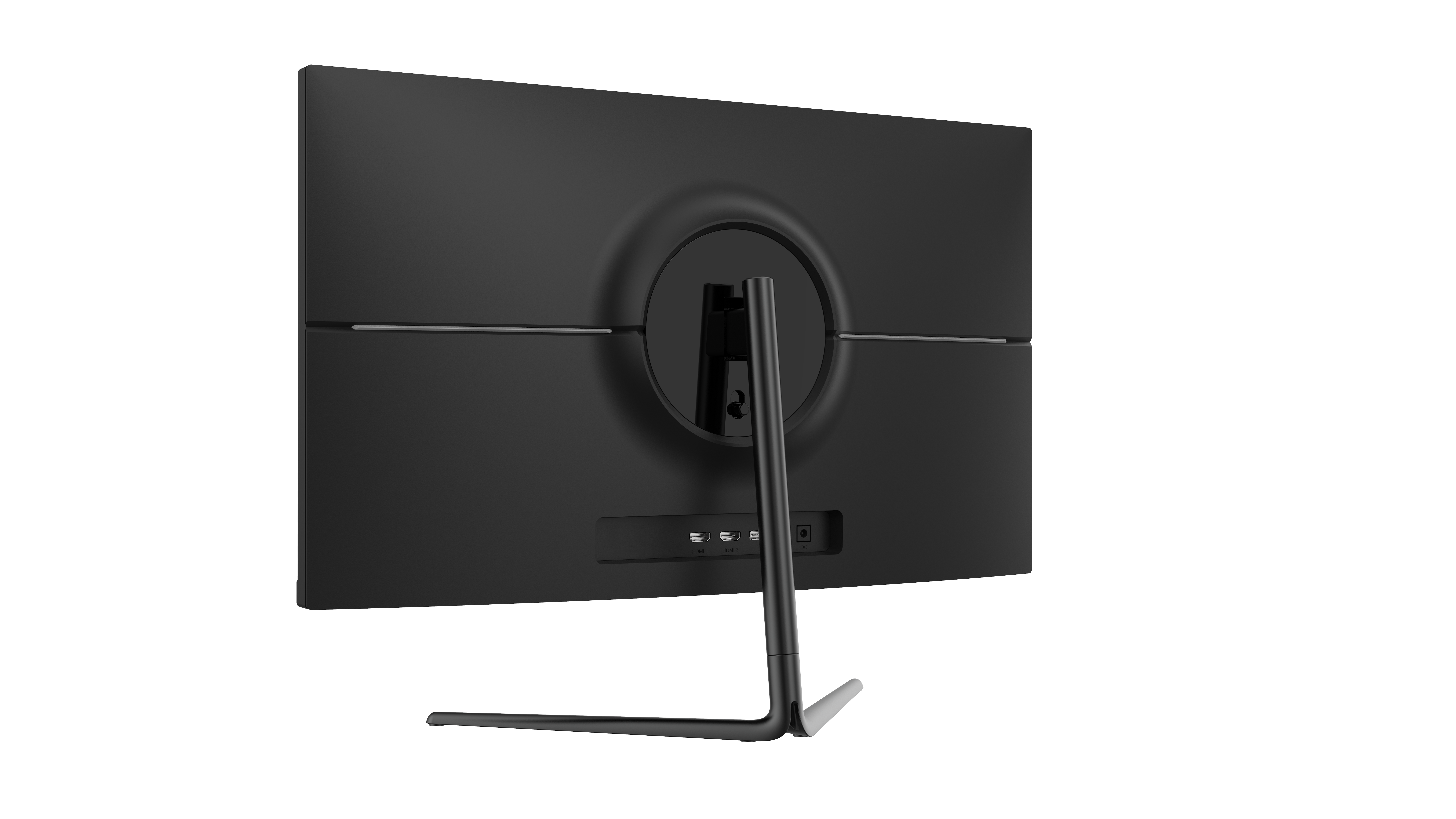 Rückansicht eines schwarzen Computermonitors auf einem schwarzen Ständer. Er hat Anschlüsse unten.