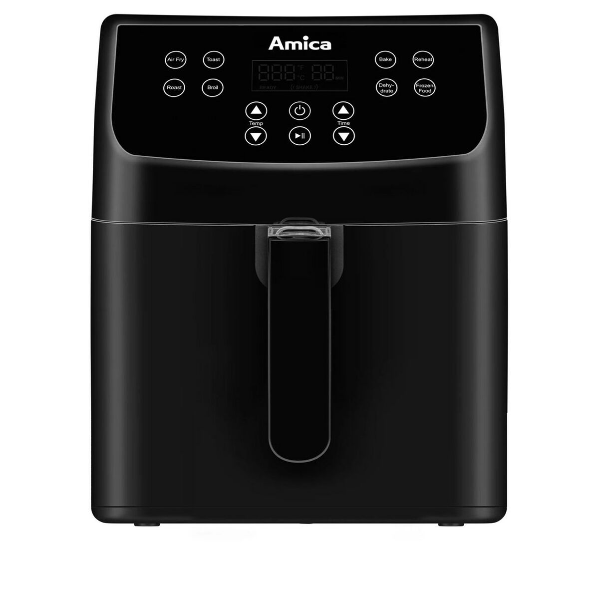 Friggitrice ad aria nera con manico. Ha un display digitale e pulsanti.