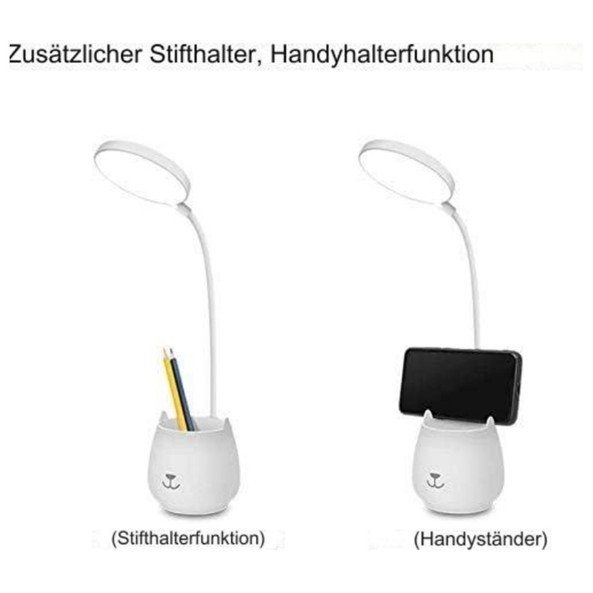 Zwei weiße Schreibtischlampen mit Stifthalter und Telefonständer, weißer Hintergrund.
