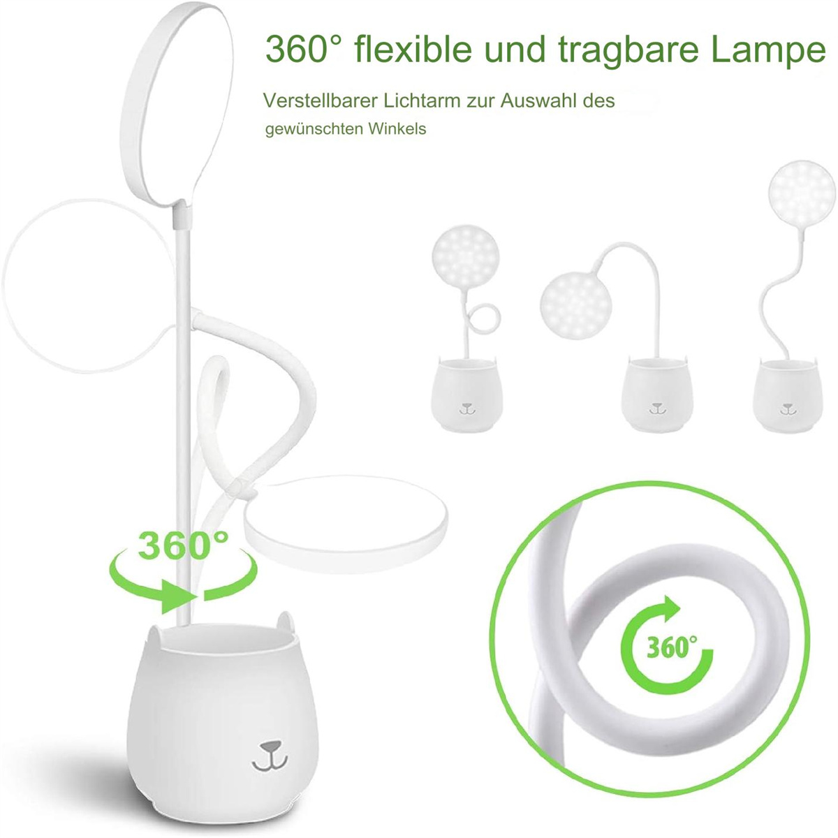 Eine weiße Schreibtischlampe mit flexiblem Hals und rundem Leuchtkopf. Es gibt drei Variationen.