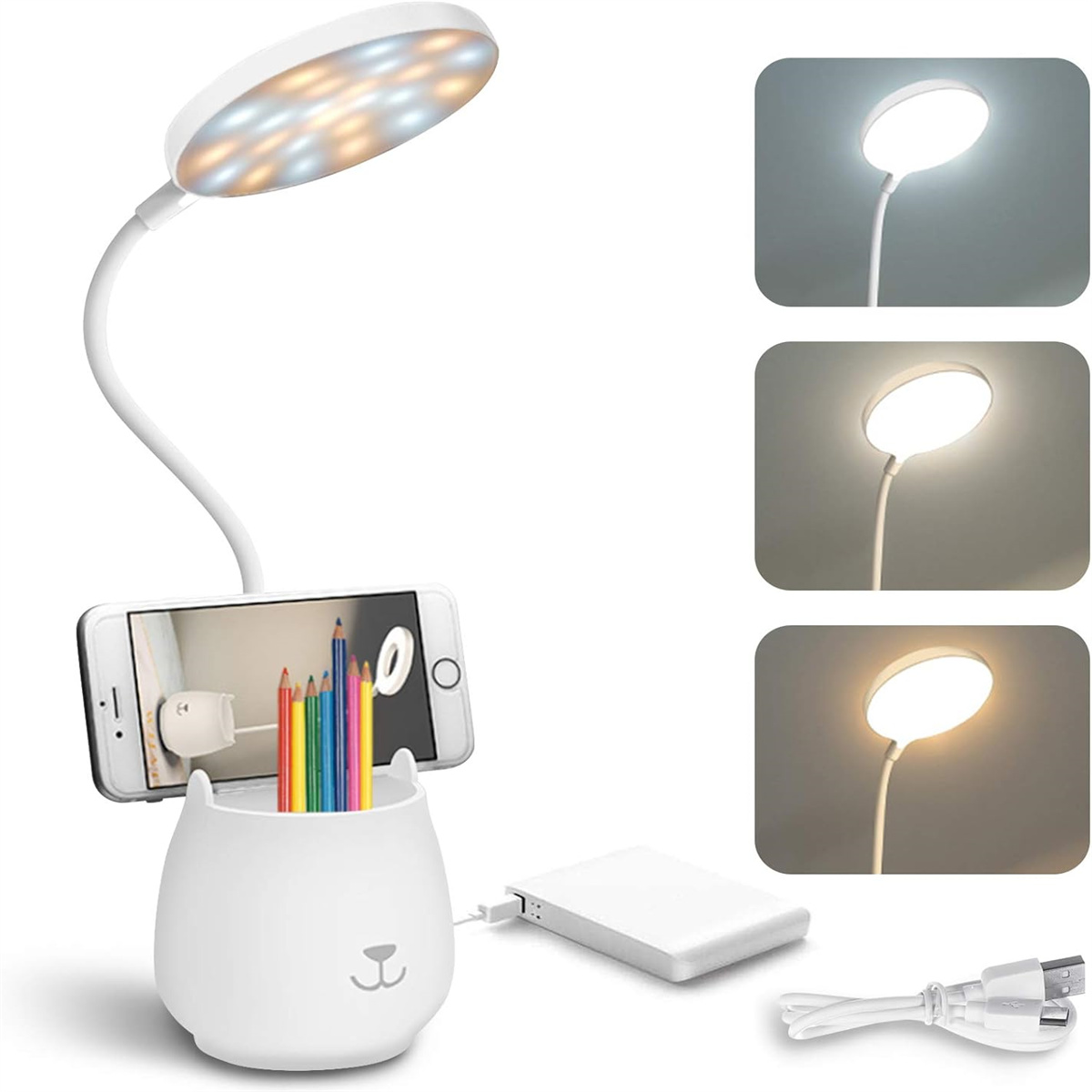 Weiße Lampe mit Handyhalter, Stifthalter, weißes Ladegerät und Powerbank.