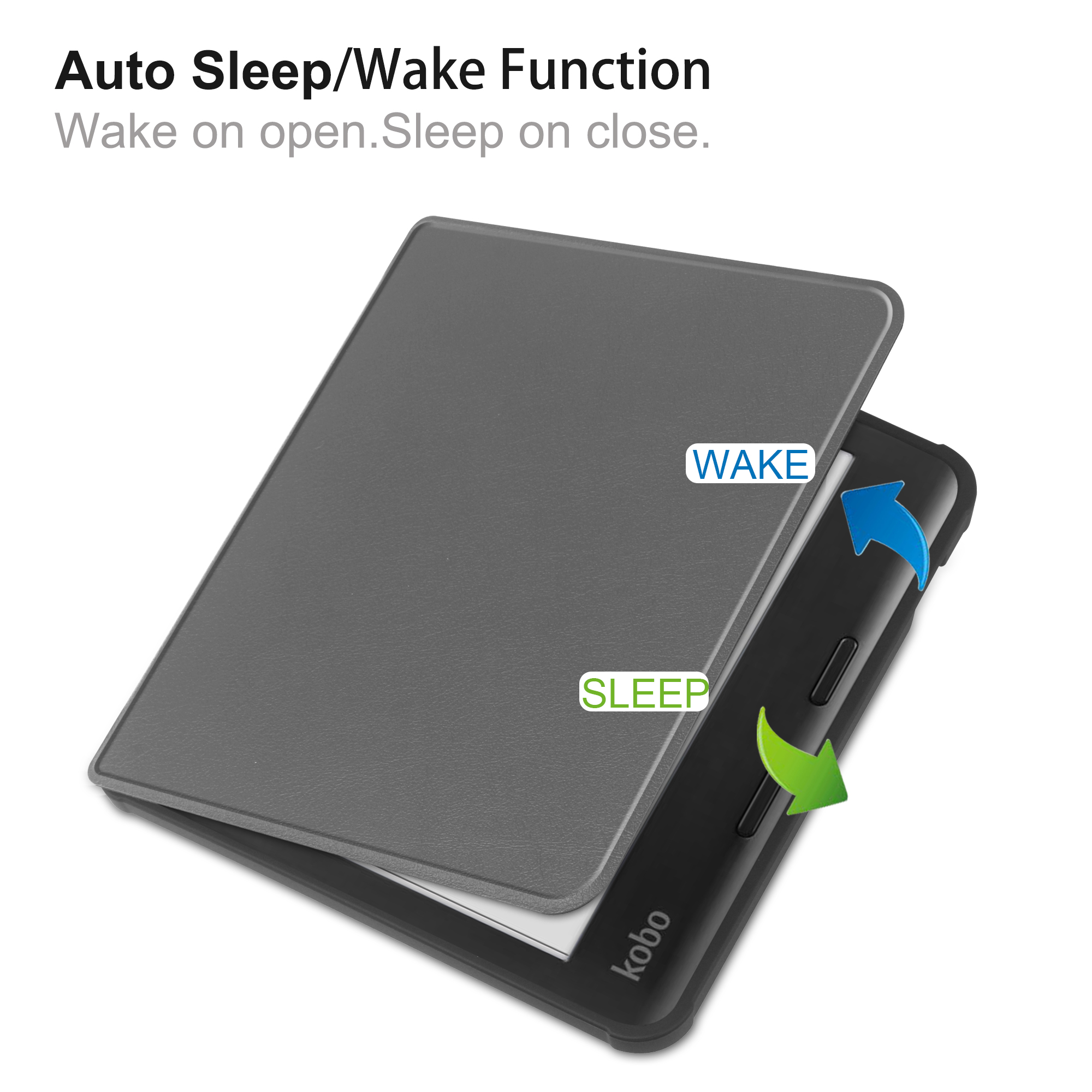 Ein schwarzer E-Reader mit grauem Cover, die Worte „WAKE“ und „SLEEP“.