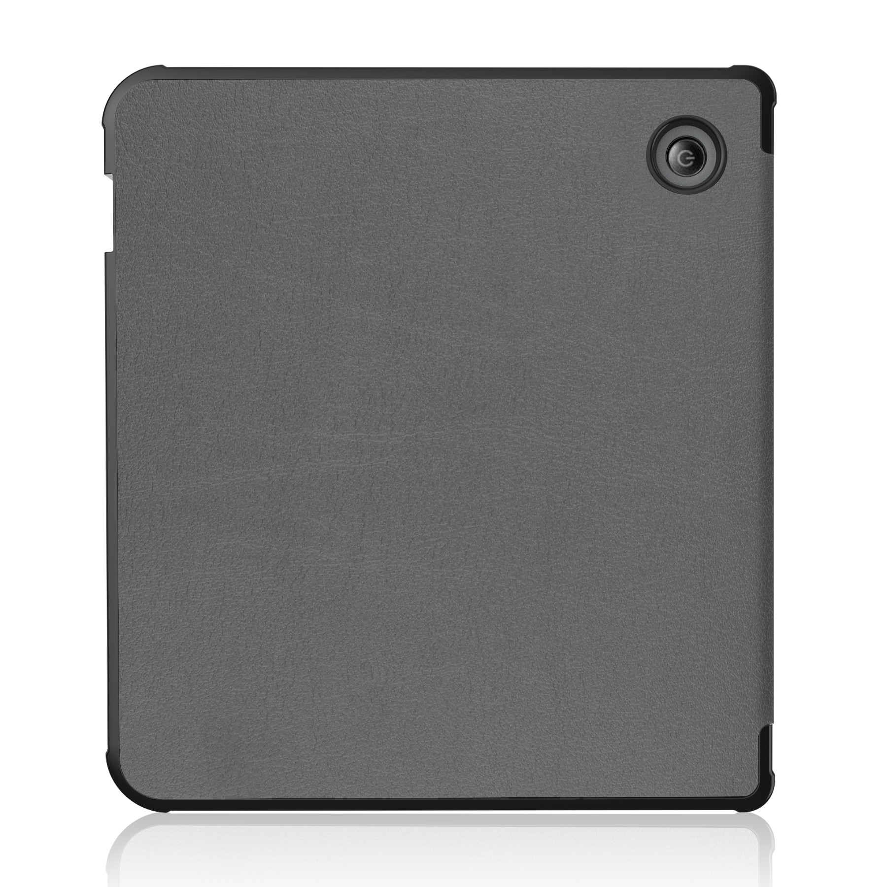 Eine graue Tablethülle mit schwarzem Rand. Eine Kamera befindet sich oben rechts.