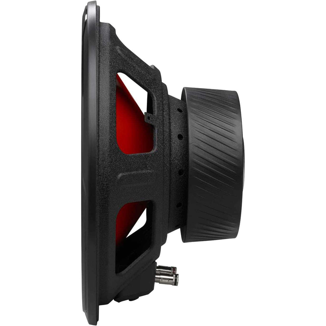 Un altoparlante subwoofer nero con interno rosso, vista laterale e connettore argentato.