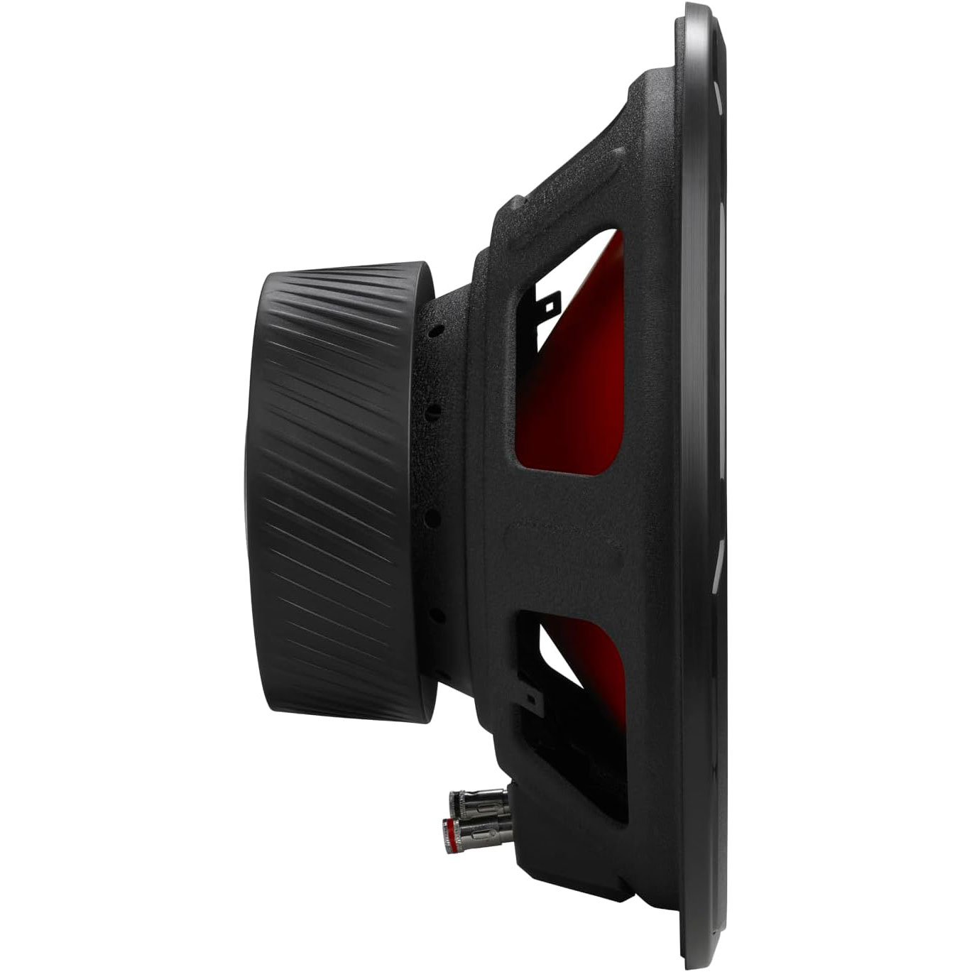 Altoparlante subwoofer nero con interno rosso. Vista laterale, sfondo bianco.