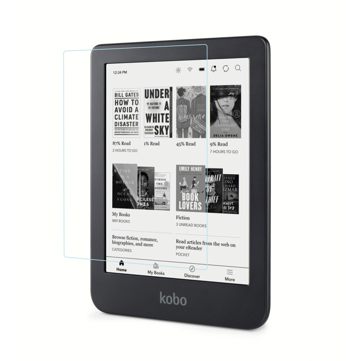 Ein E-Reader mit Displayschutz, der Buchtitel anzeigt.