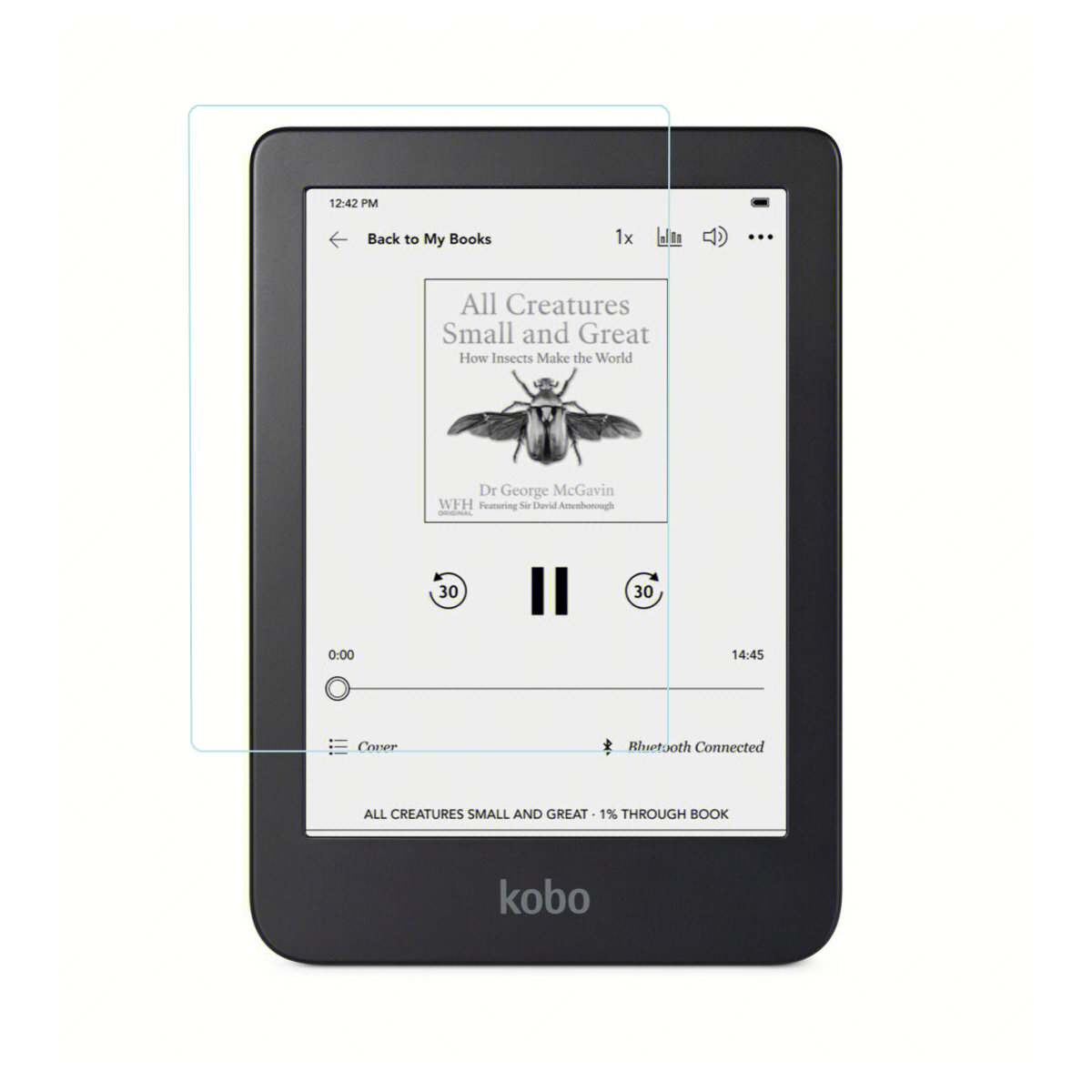E-reader che mostra una copertina di un libro. È applicata una protezione per lo schermo.