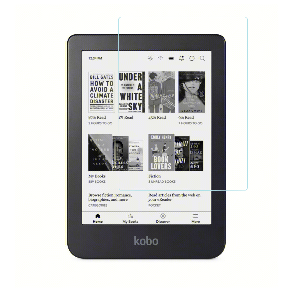 E-reader con protezione schermo applicata, mostra copertine di libri. L'ora è 12:34 PM.