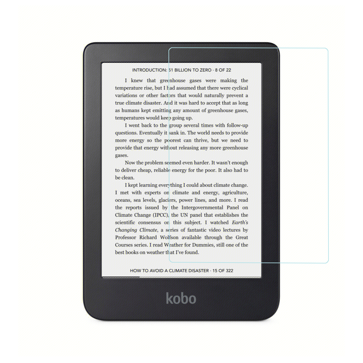 E-reader che mostra testo. Lo schermo è coperto da una pellicola protettiva. Sfondo bianco.