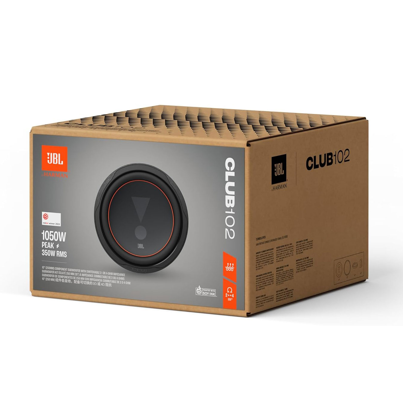 Eine JBL Club 102 Auto-Subwoofer-Box. Die Box ist braun mit Bildern und Text.