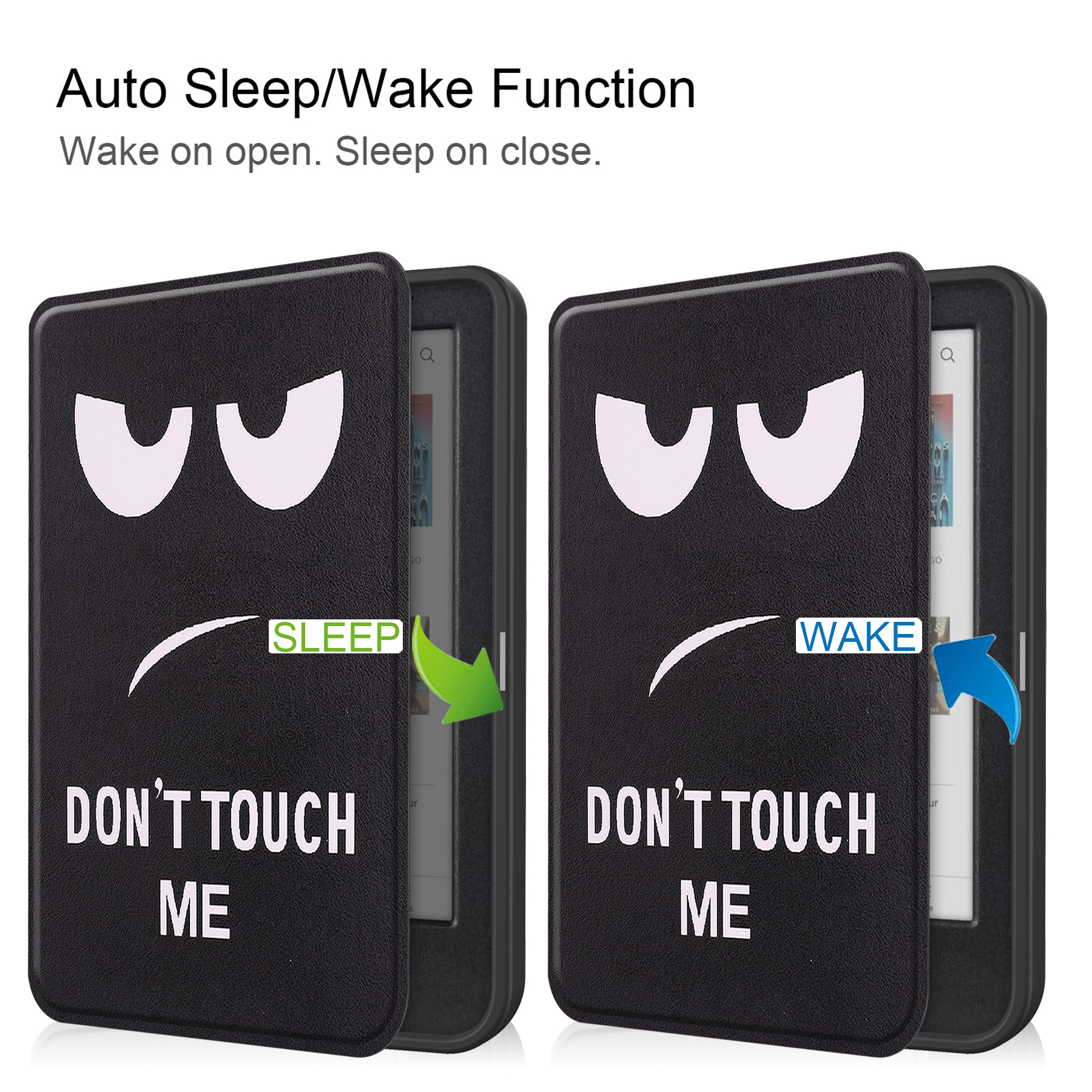 Schwarzes Case mit E-Reader, eines offen, eines geschlossen. "DON'T TOUCH ME" und Gesichts-Grafiken.