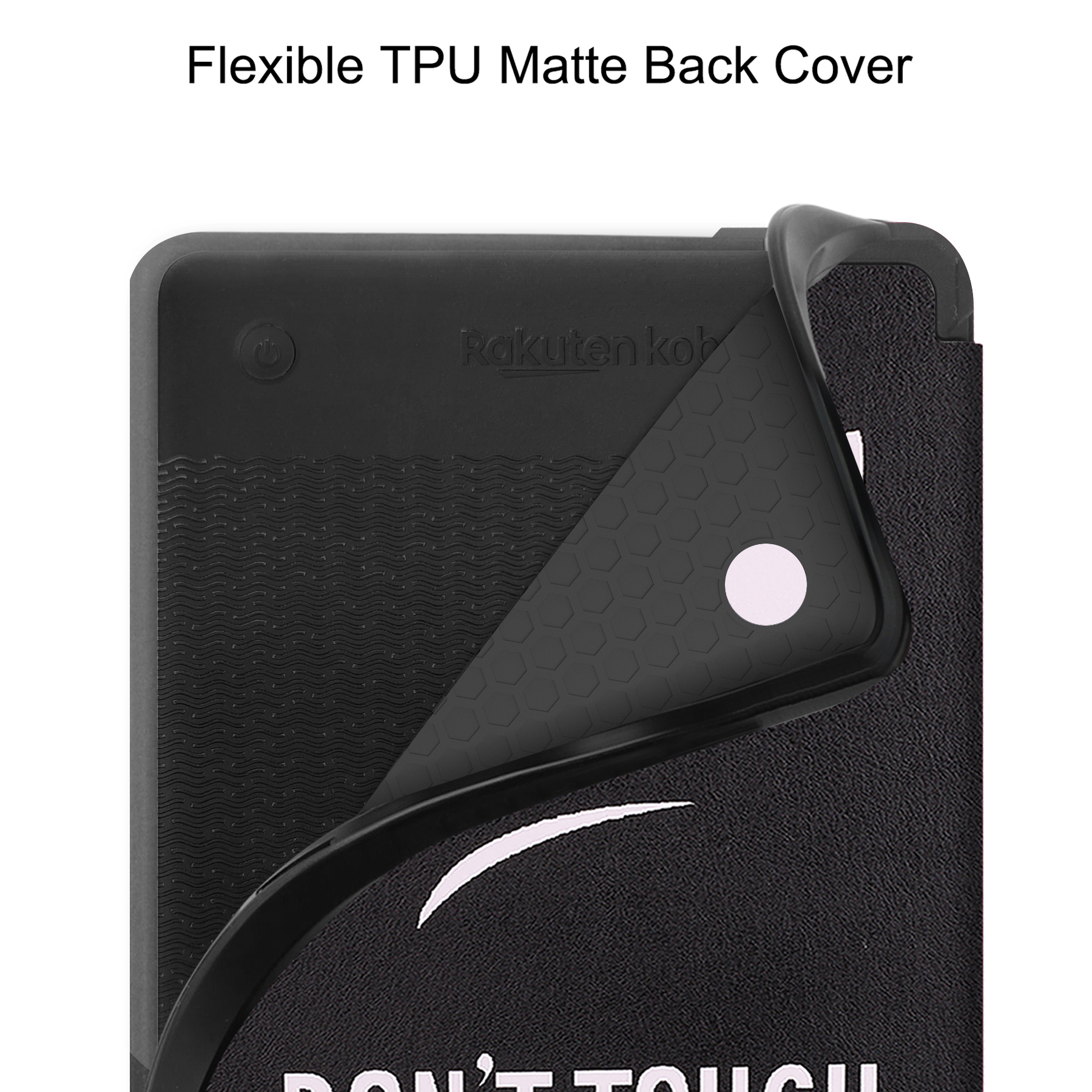 Flexible schwarze Handyhülle mit strukturierter Rückseite, teilweise abgezogen.