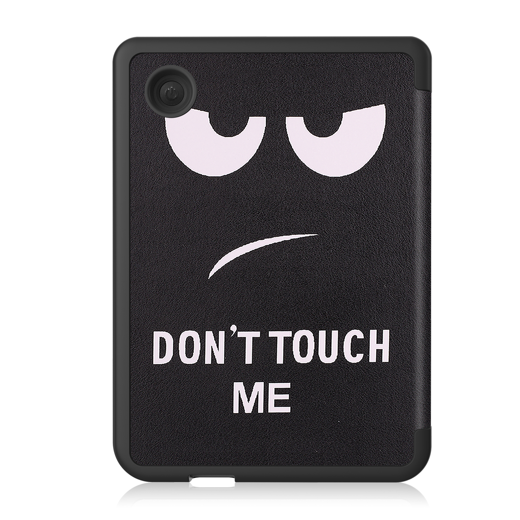 Eine schwarze Tablet-Hülle mit einem Cartoon-Gesicht und dem Text 'DON'T TOUCH ME' auf weißem Hintergrund.
