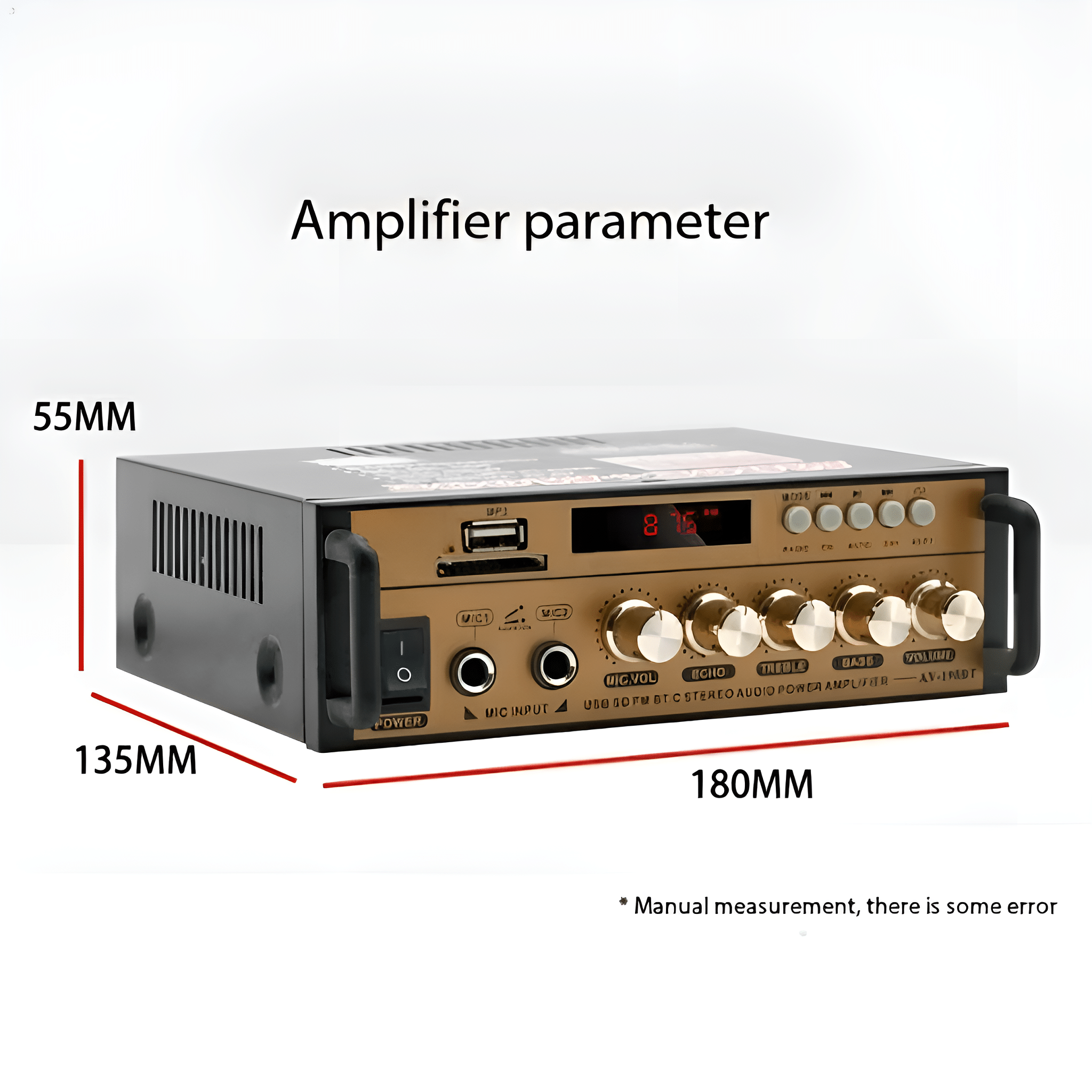 Schwarzer und goldener Verstärker mit Knöpfen und Digitalanzeige '876'.