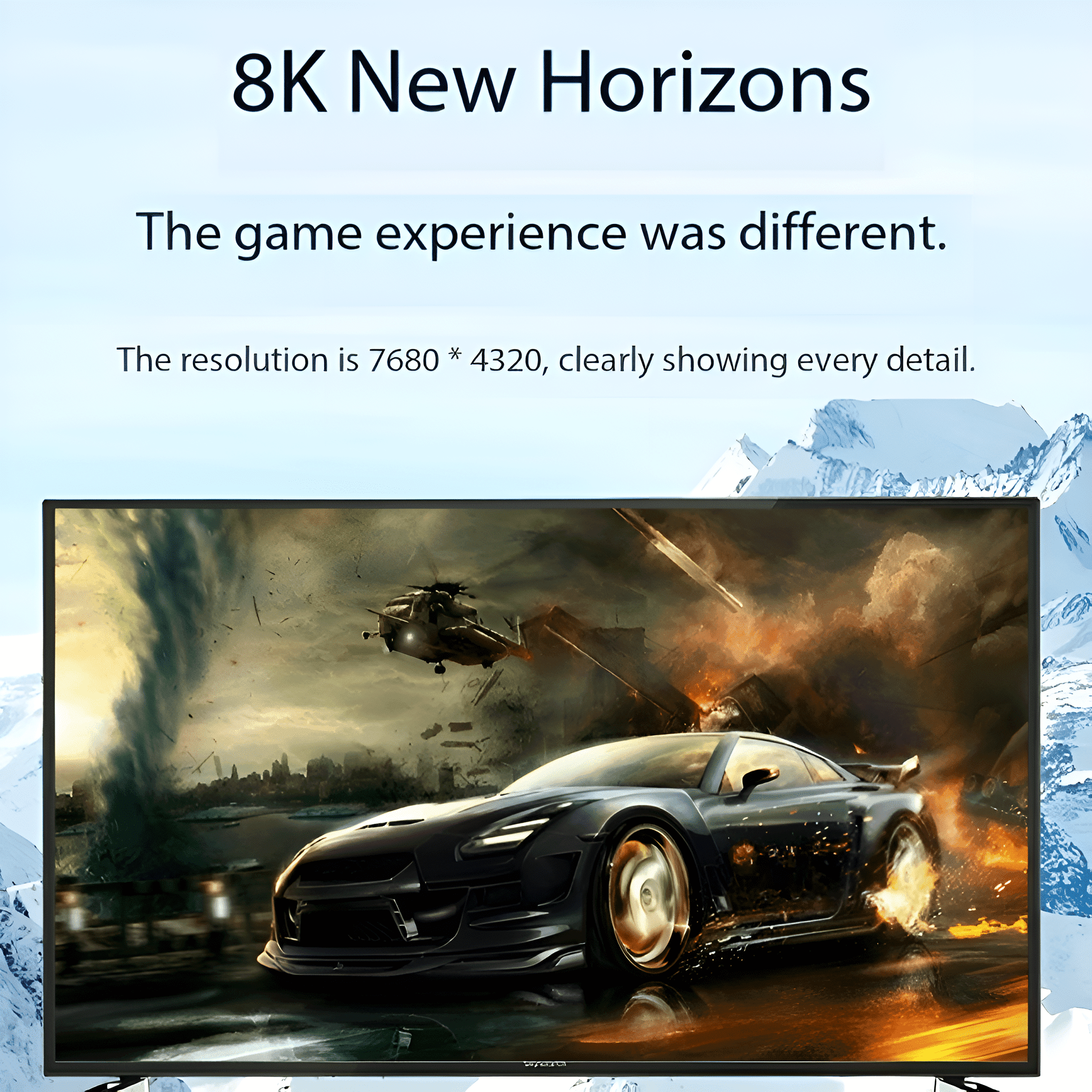 Ein 8K-Fernseher zeigt eine dynamische Spielszene. Text wirbt für die Auflösung und ein überlegenes Spielerlebnis.