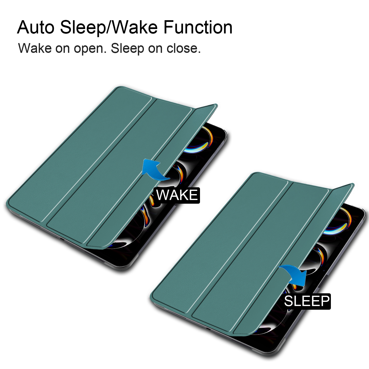 Zwei Tablets mit Hüllen, eines öffnet sich, das andere schließt sich, mit 'wake' und 'sleep'.