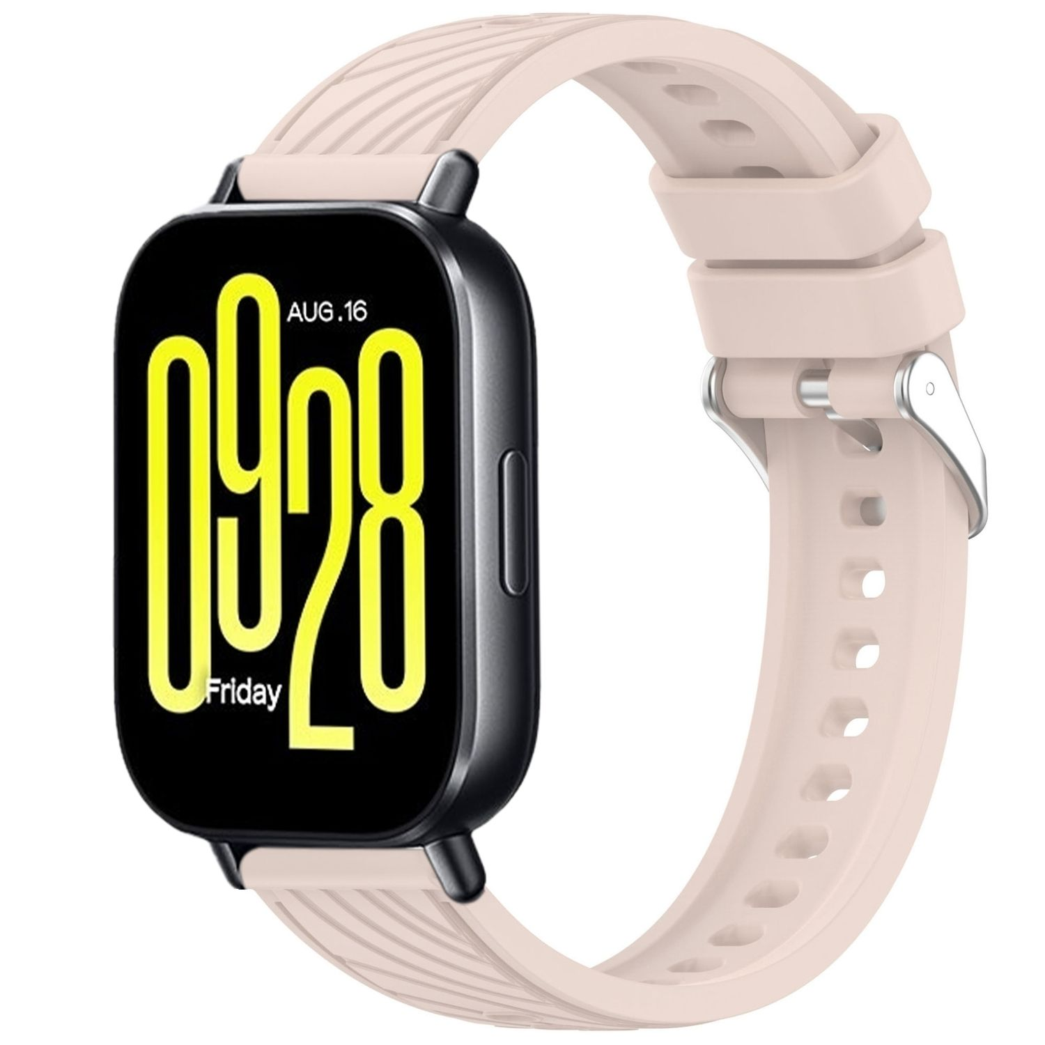 Schwarze Smartwatch mit pinkfarbenem Armband, zeigt Uhrzeit und Datum an. Weißer Hintergrund.