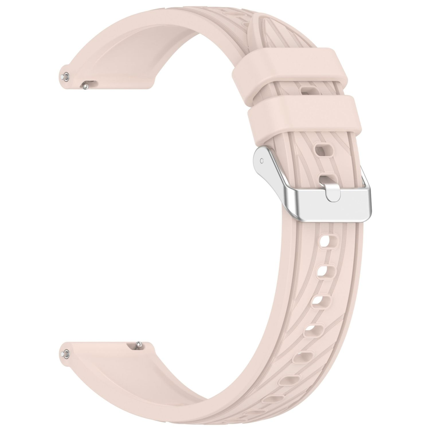 Rosa Uhrenarmband mit silberner Schnalle. Verfügt über ein strukturiertes Muster.
