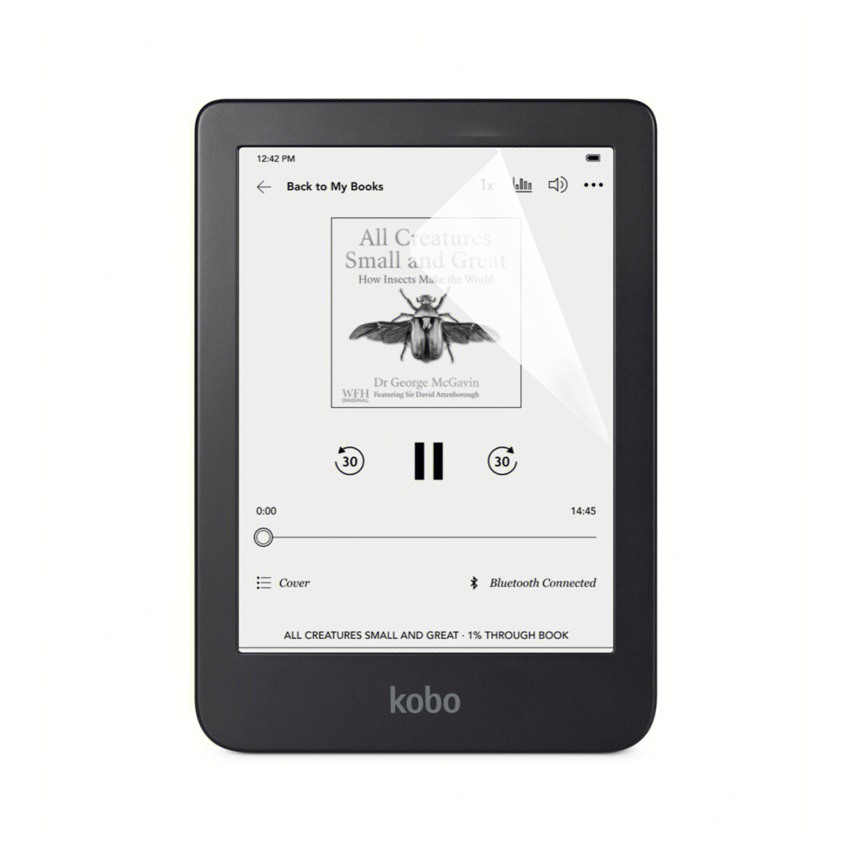 Un e-reader Kobo nero che mostra una copertina del libro e i controlli di riproduzione. Il testo sullo schermo è visibile.