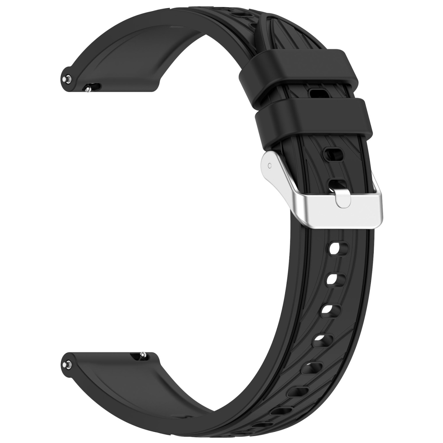 Schwarzes Uhrenarmband mit silberner Schnalle, schwarze strukturierte Oberfläche, Löcher.