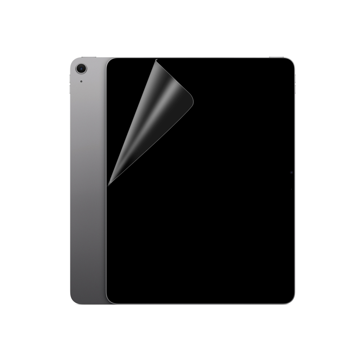 Un tablet argentato con una protezione per lo schermo parzialmente staccata. Sfondo bianco.