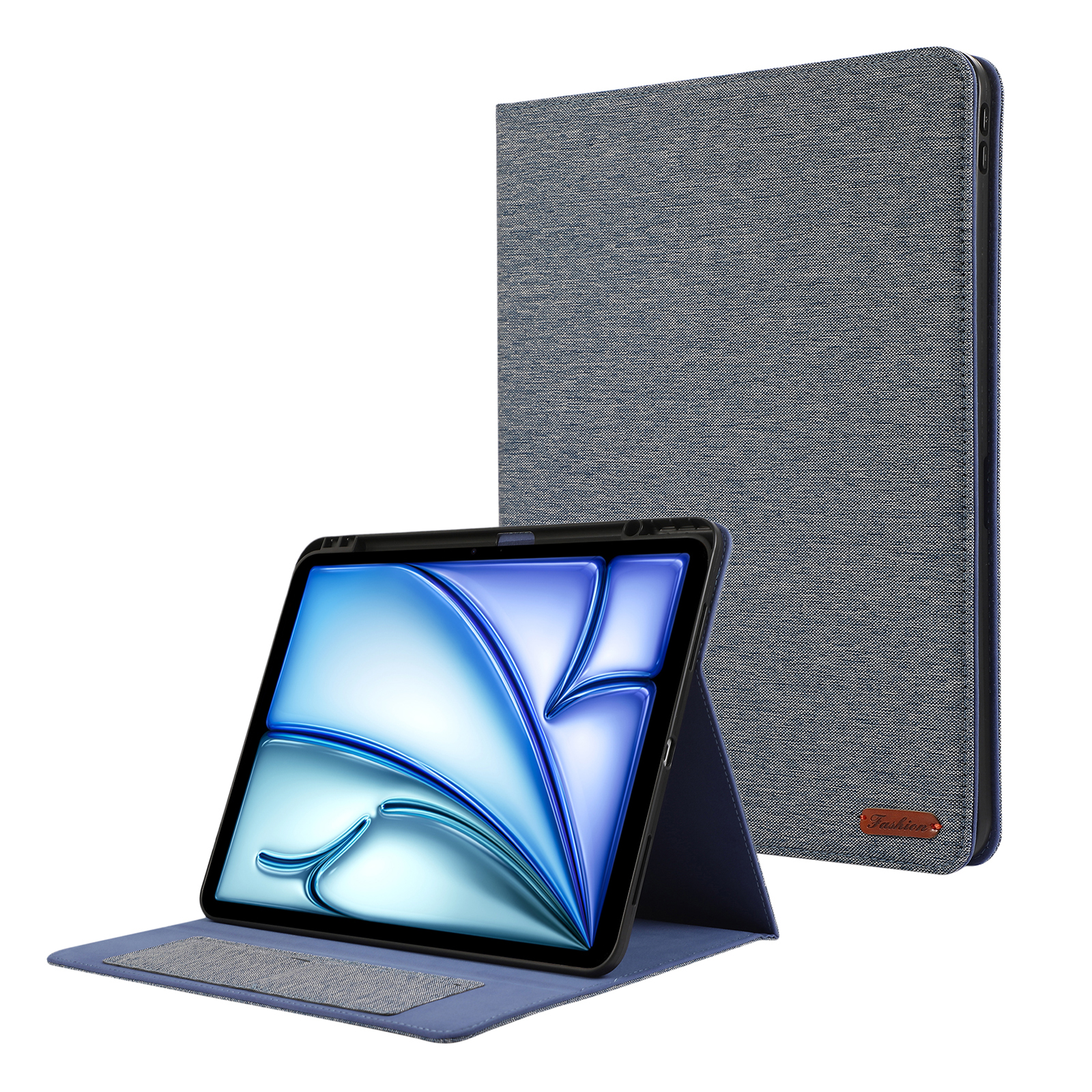 Tablet in blauer Hülle, geöffnet, um Bildschirm anzuzeigen. Graue Hülle im Hintergrund.
