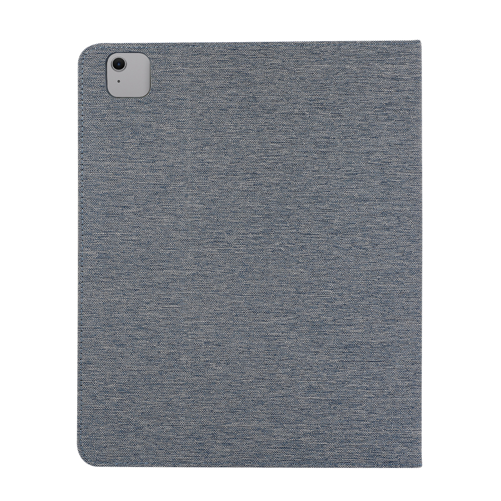 Graue iPad-Hülle mit Kameraausschnitt, Draufsicht.