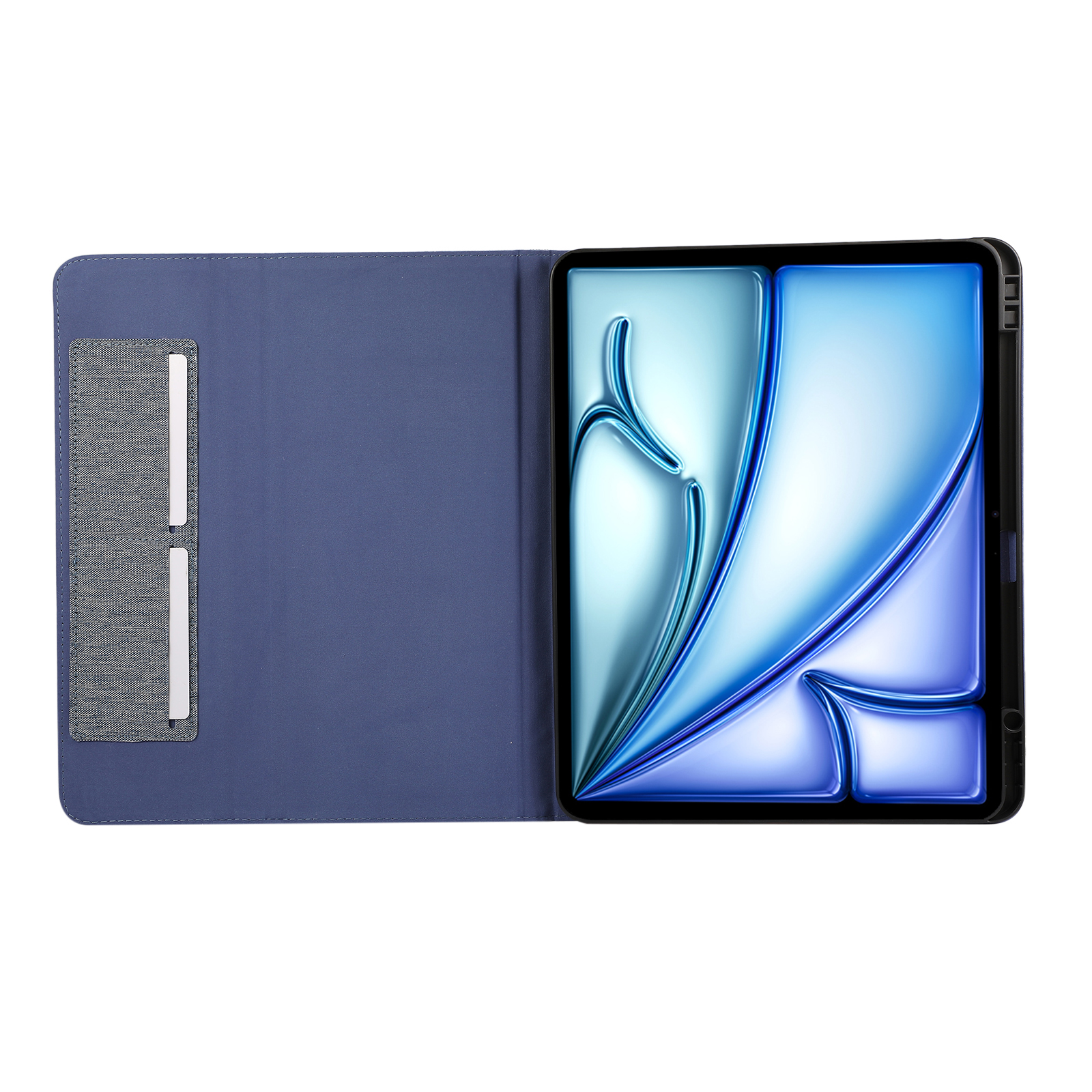 Blaues Tablet in blauem Etui mit Kartenfächern geöffnet. Der Bildschirm zeigt ein blaues Gradientendesign.