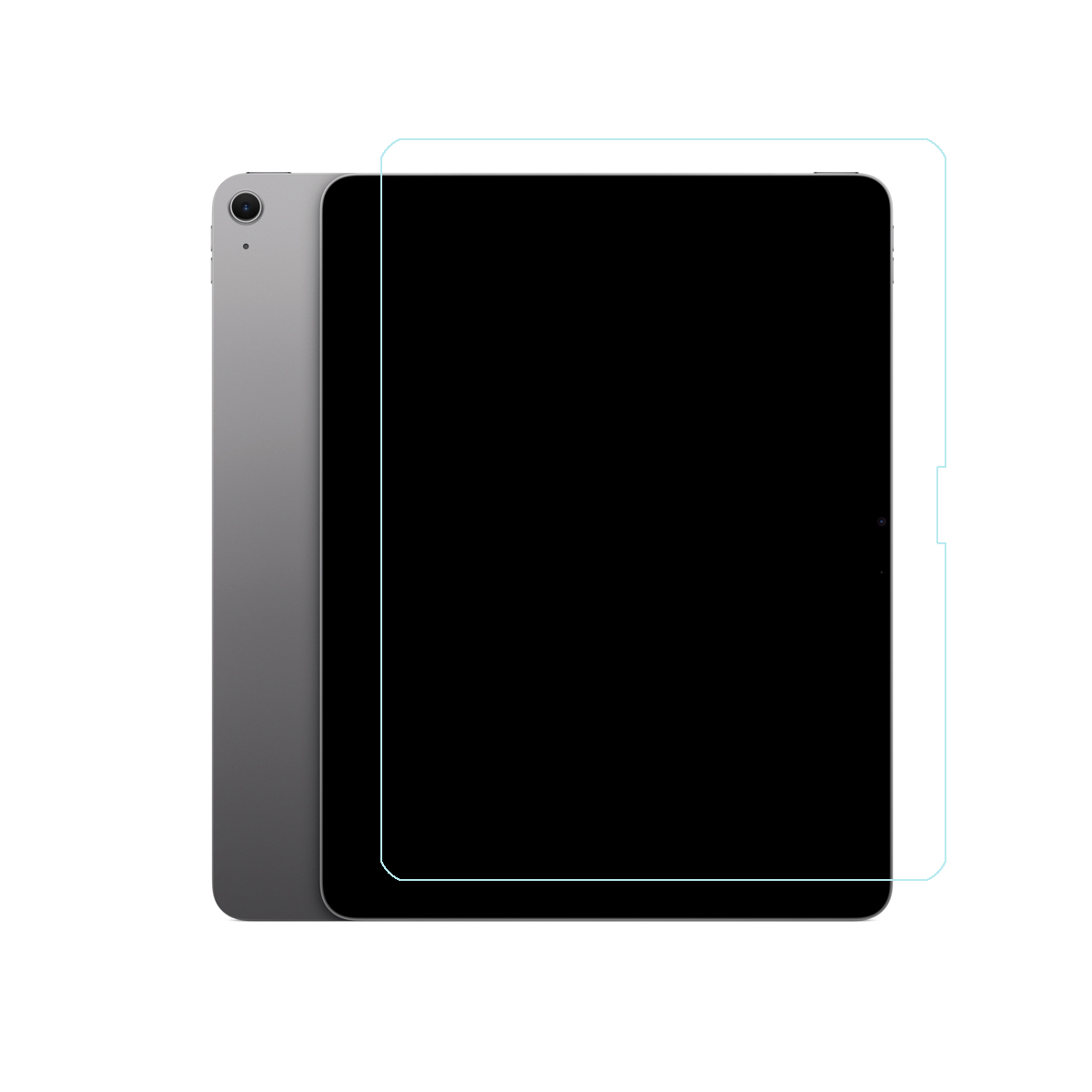 Tablet argentato con protezione schermo applicata. Lo schermo è nero e lo sfondo bianco.