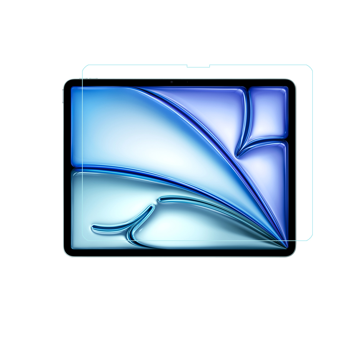 Schermo del tablet con protezione applicata. Design astratto blu e bianco sul display.