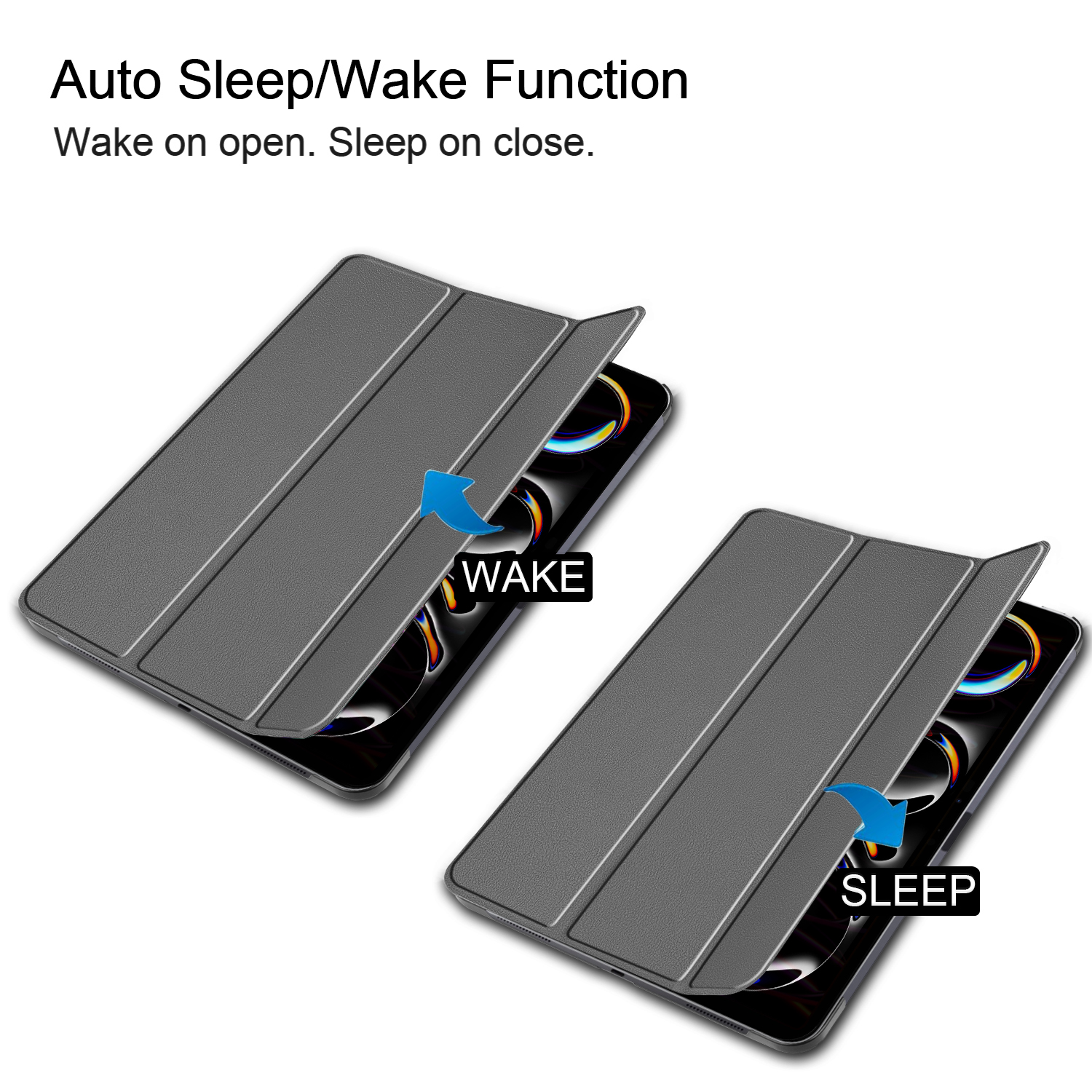 Zwei offene Tablet-Hüllen mit den Funktionen 'WAKE' und 'SLEEP'. Die Hülle ist grau, der Hintergrund weiß.