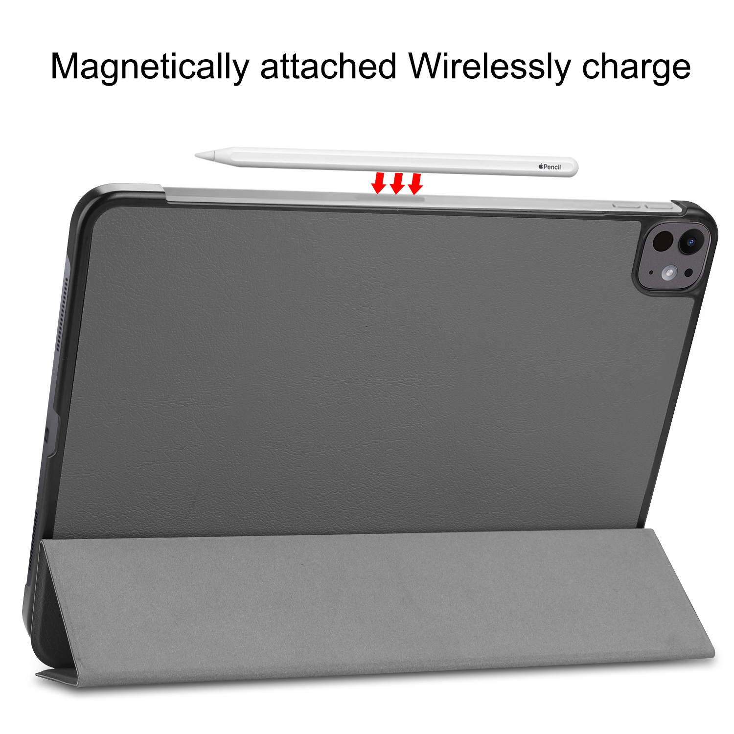 Tablet in grauem Case mit drahtlos aufladendem, weißem Stift auf dem Gerät.