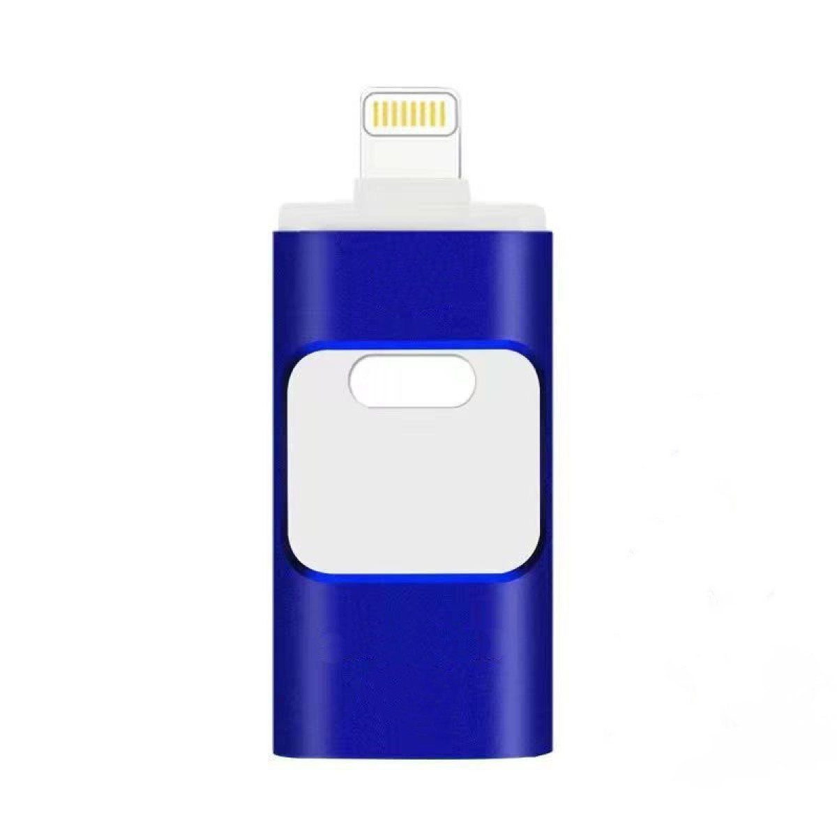 Blau-weißer USB-Stick mit Lightning-Anschluss.