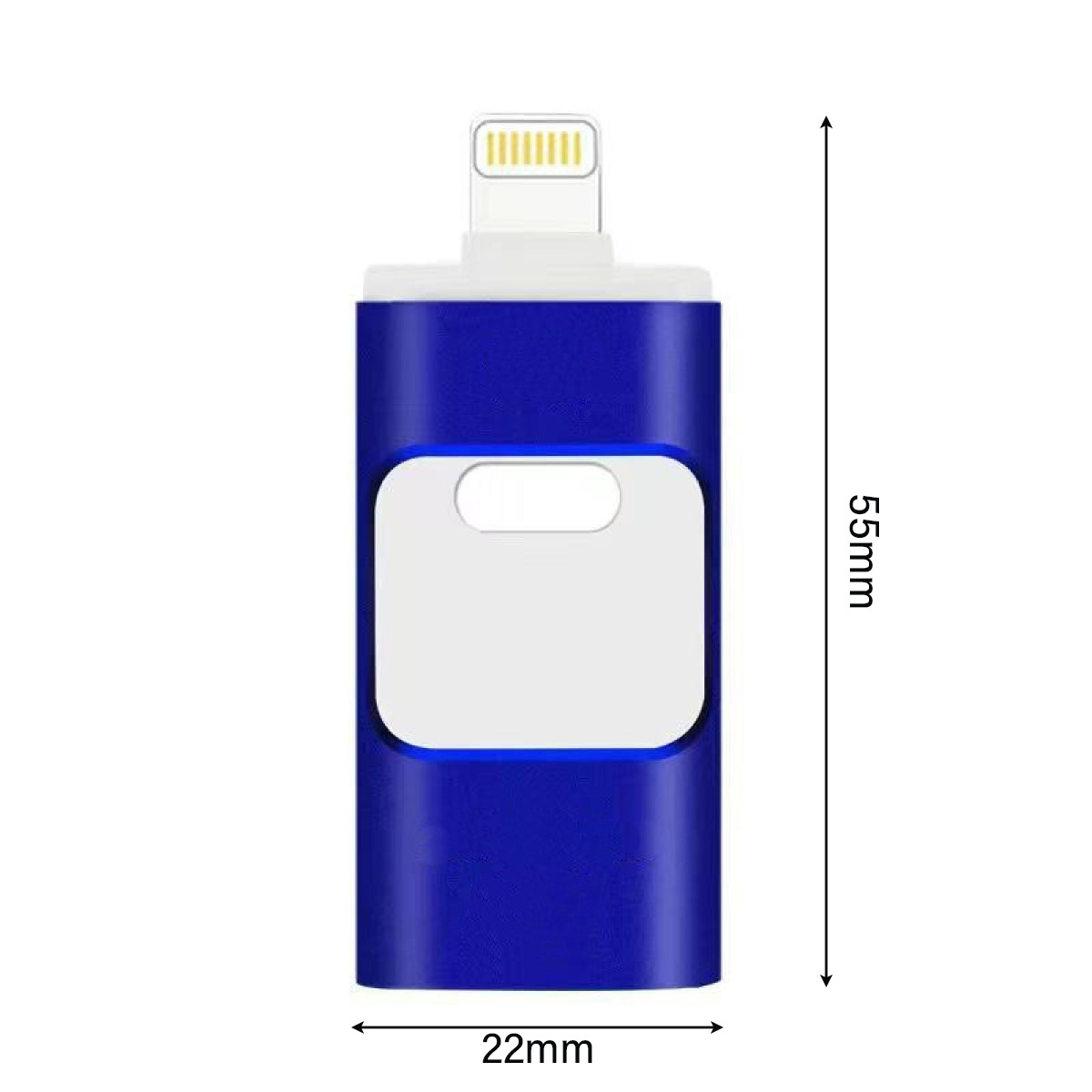 Ein blau-weißer USB-Stick. Er ist 55 mm lang und 22 mm breit.